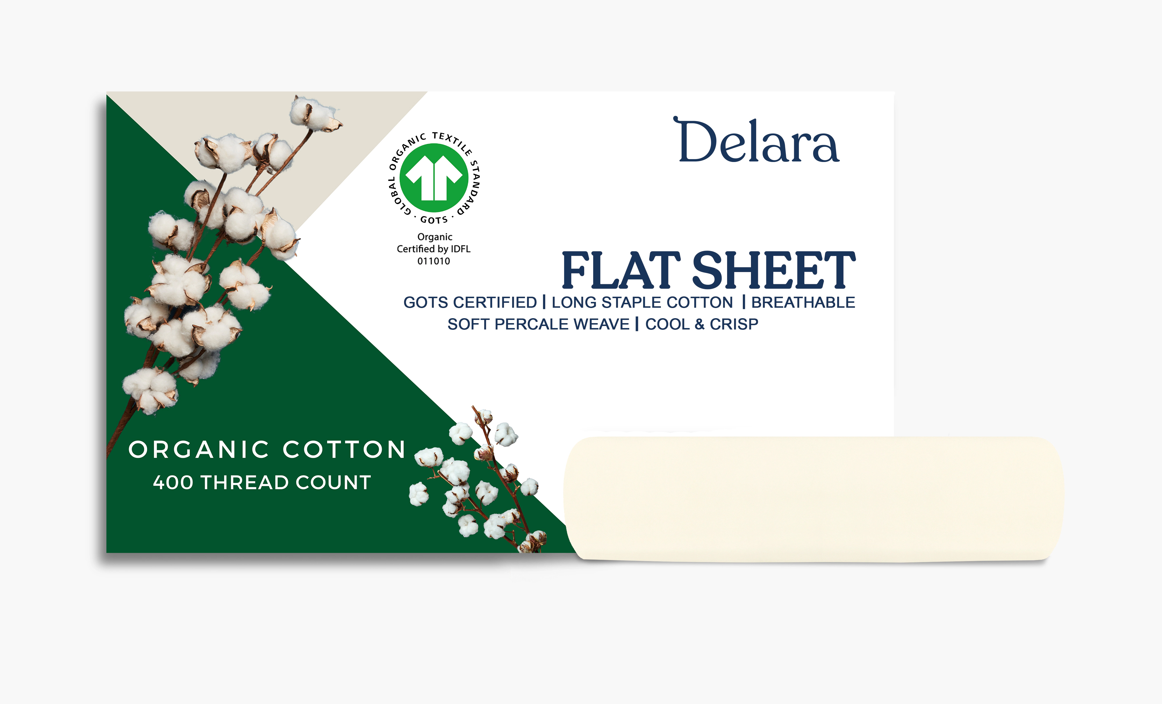 Delara 100% Organic Cotton Percale Flat Sheet, 400 Thread Count GOTS Certified, Moisture Wicking Breathable Bedding