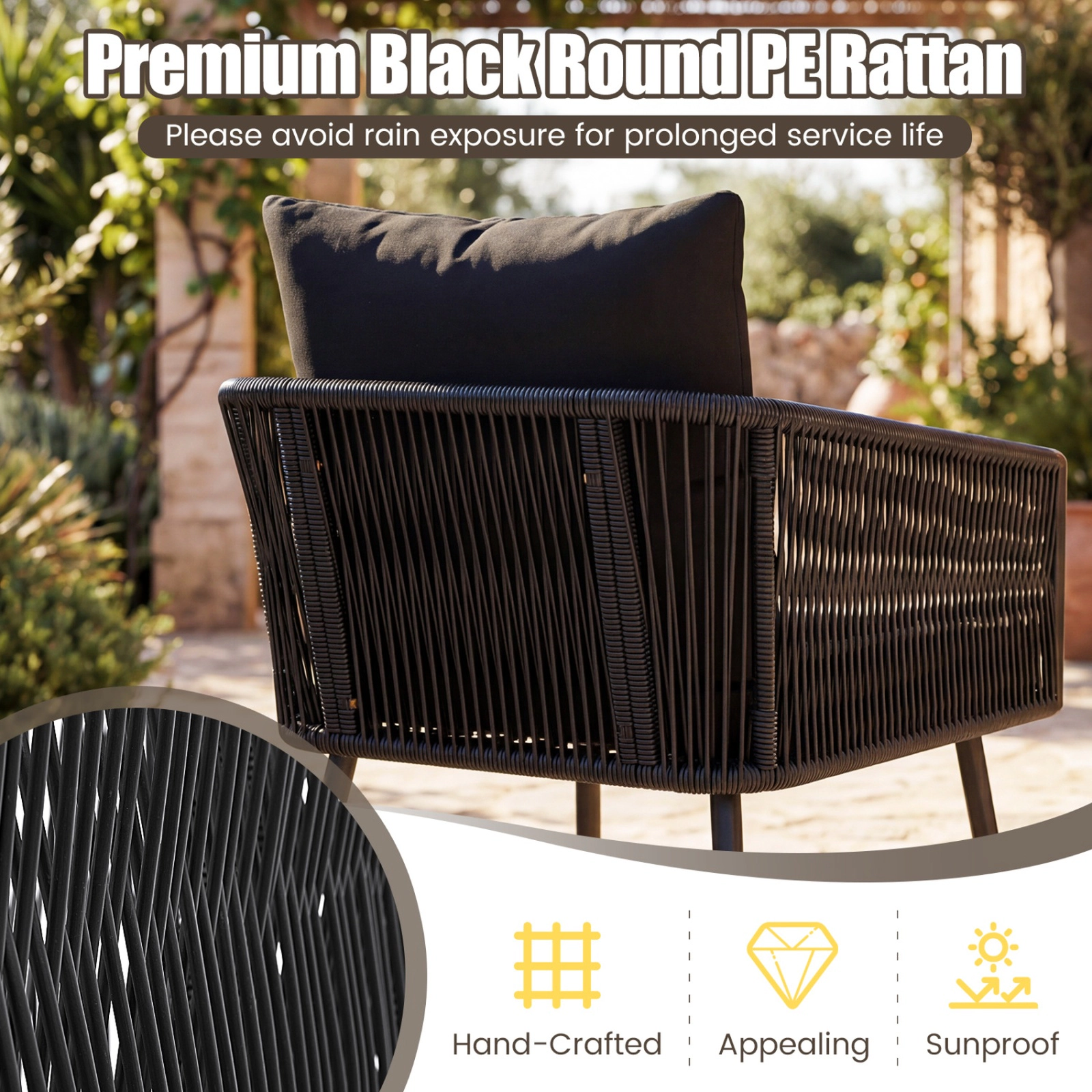 SUGIFT Side Table and Cushions 3-Piece Black Round Wicker Patio Chair Set