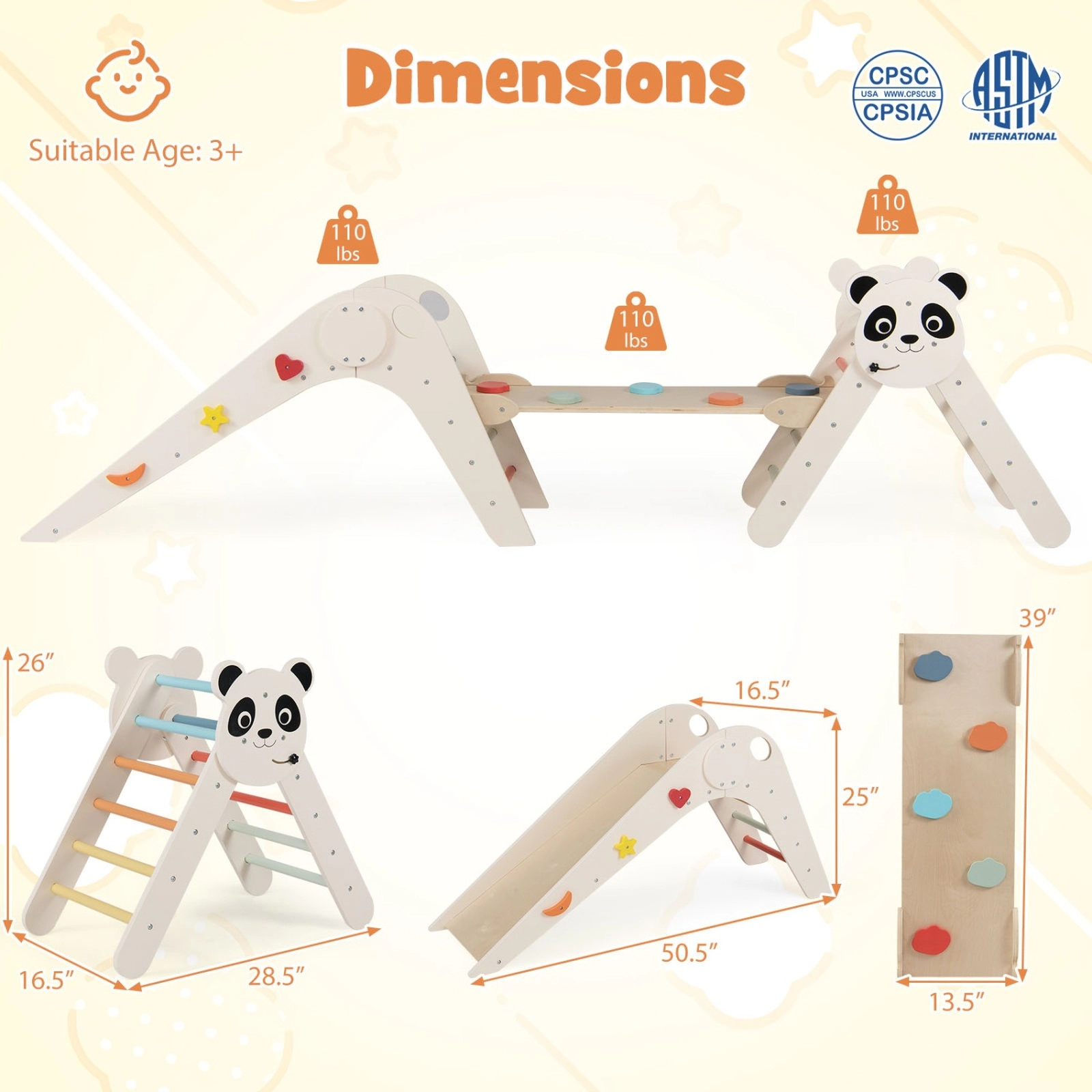 SUGIFT Foldable Montessori Triangle Climbing Set with Slide and Bridge 110-lb Capacity Ages 3+ White/Beige/Natural