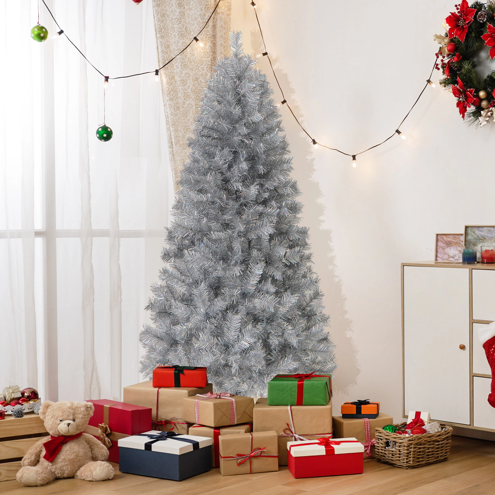 SlickBlue Silver Pre-Lit Christmas Tree with Warm White LED Lights