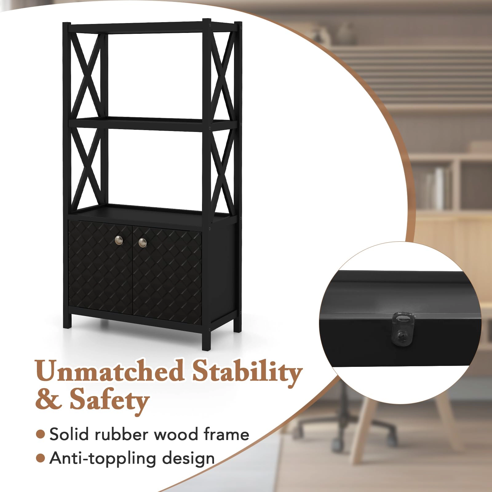 Glintex Rubber Wood Storage Cabinet with X-Shaped Bars and Double Doors