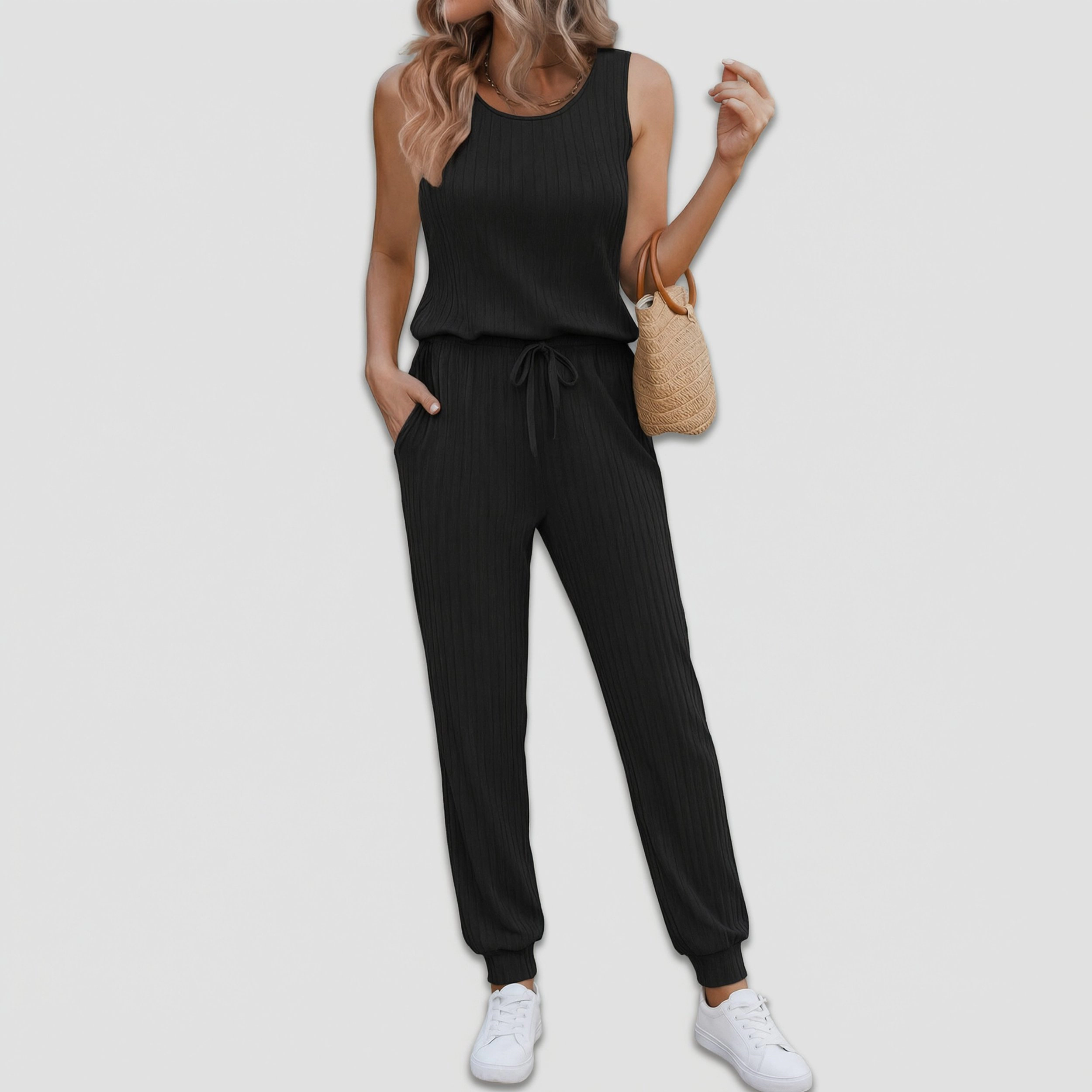 Ekouaer Women's Ribbed Knit Sleeveless Tank Top & Jogger Pants Set