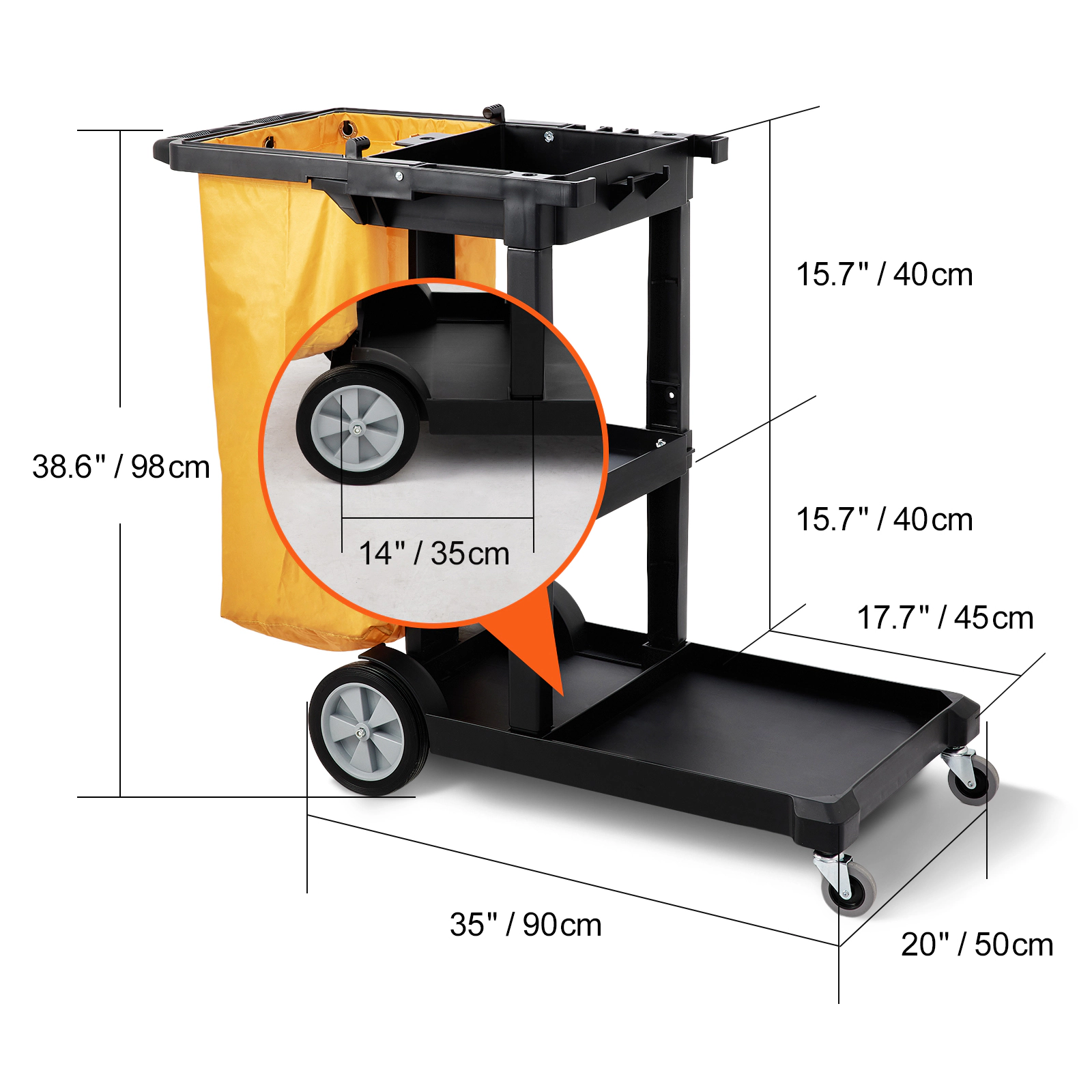 HONGGE Cleaning Cart 3-Shelf Commercial Janitorial Cart 200 lbs Capacity Plastic Housekeeping Cart with 25 Gallon PVC