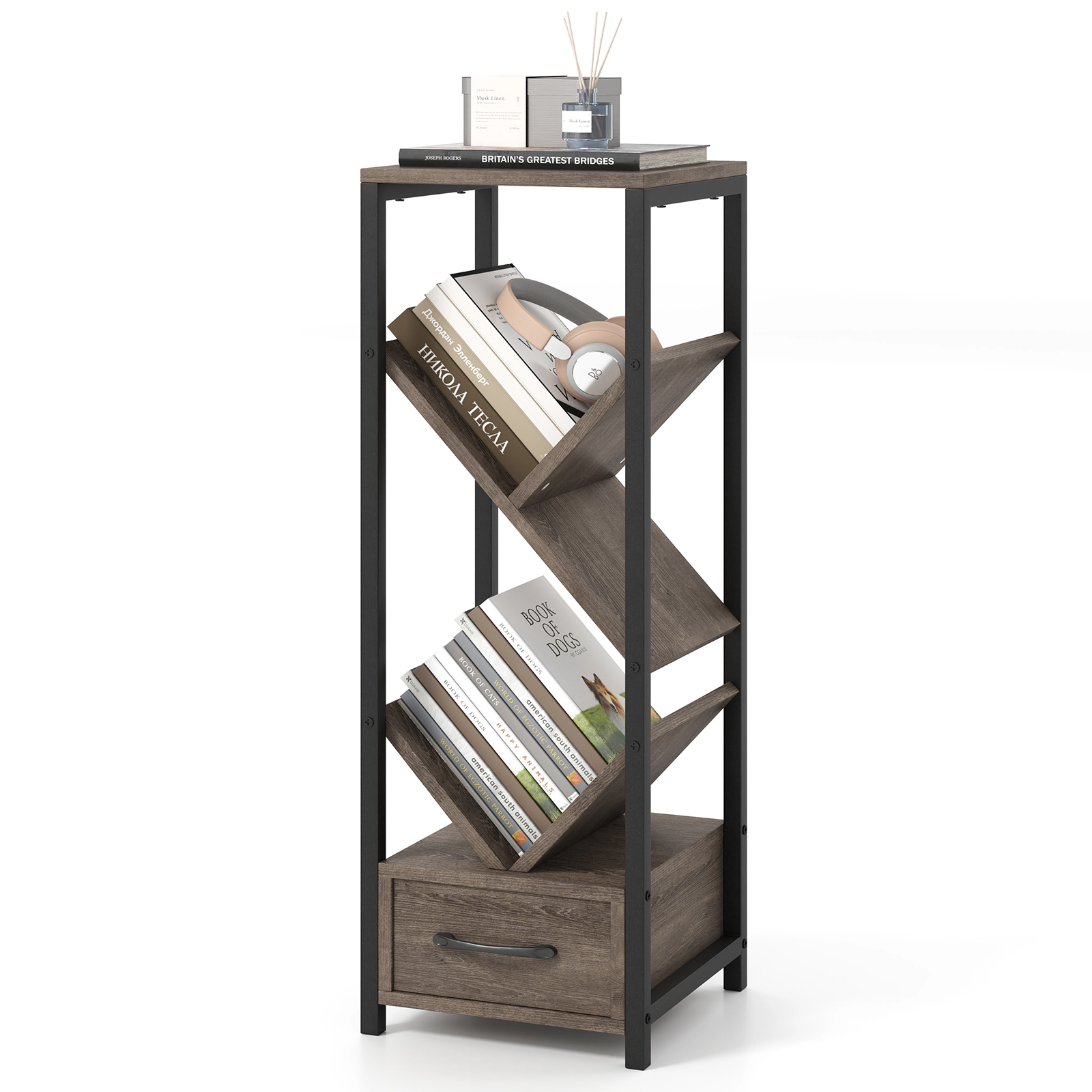 LJG 4 Tier Floor Tree Bookshelf with Drawer and Metal Frame