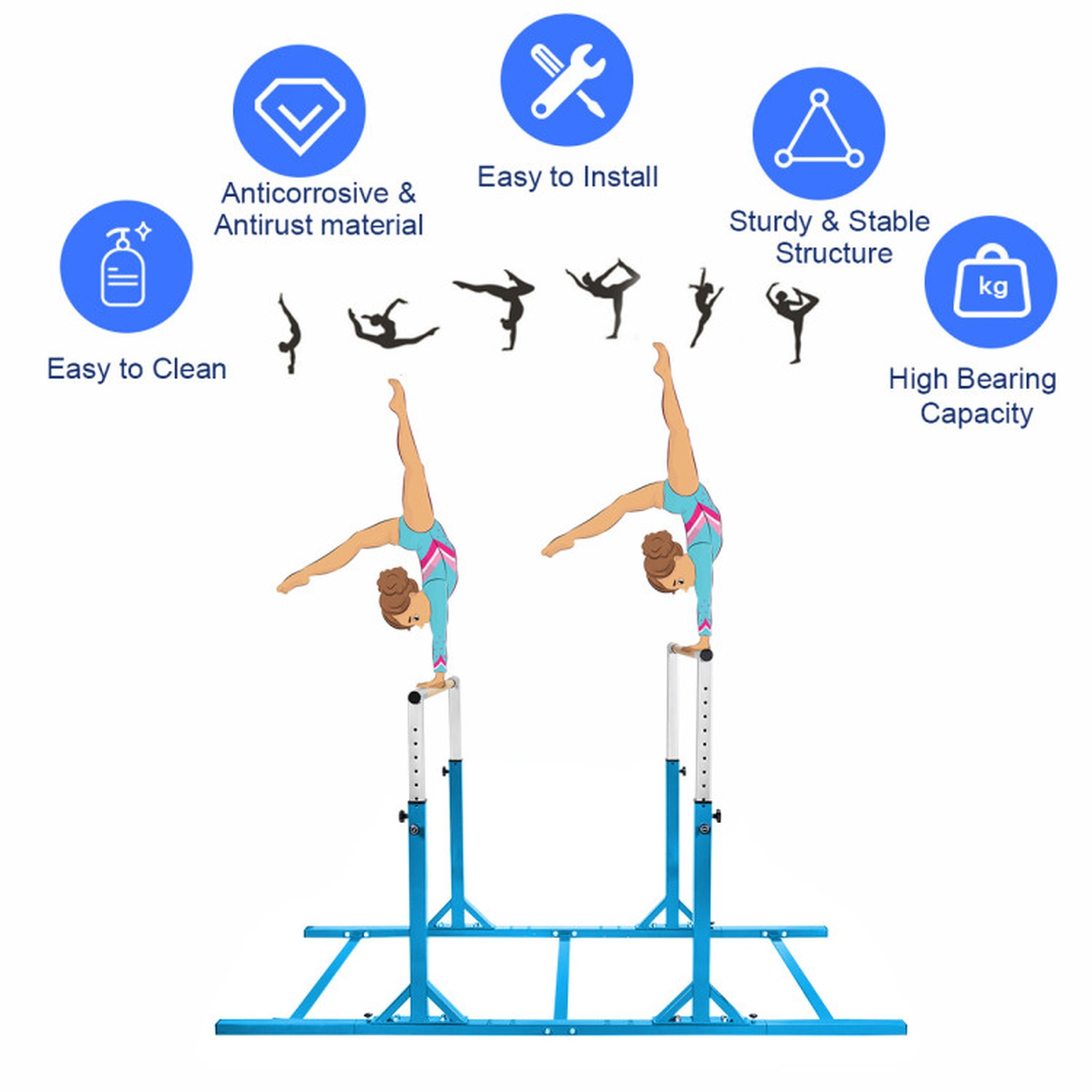 SUGIFT Adjustable Double Horizontal Gymnastic Training Parallel Bars 220-lb Capacity Ages 6-12 Blue Purple Pink