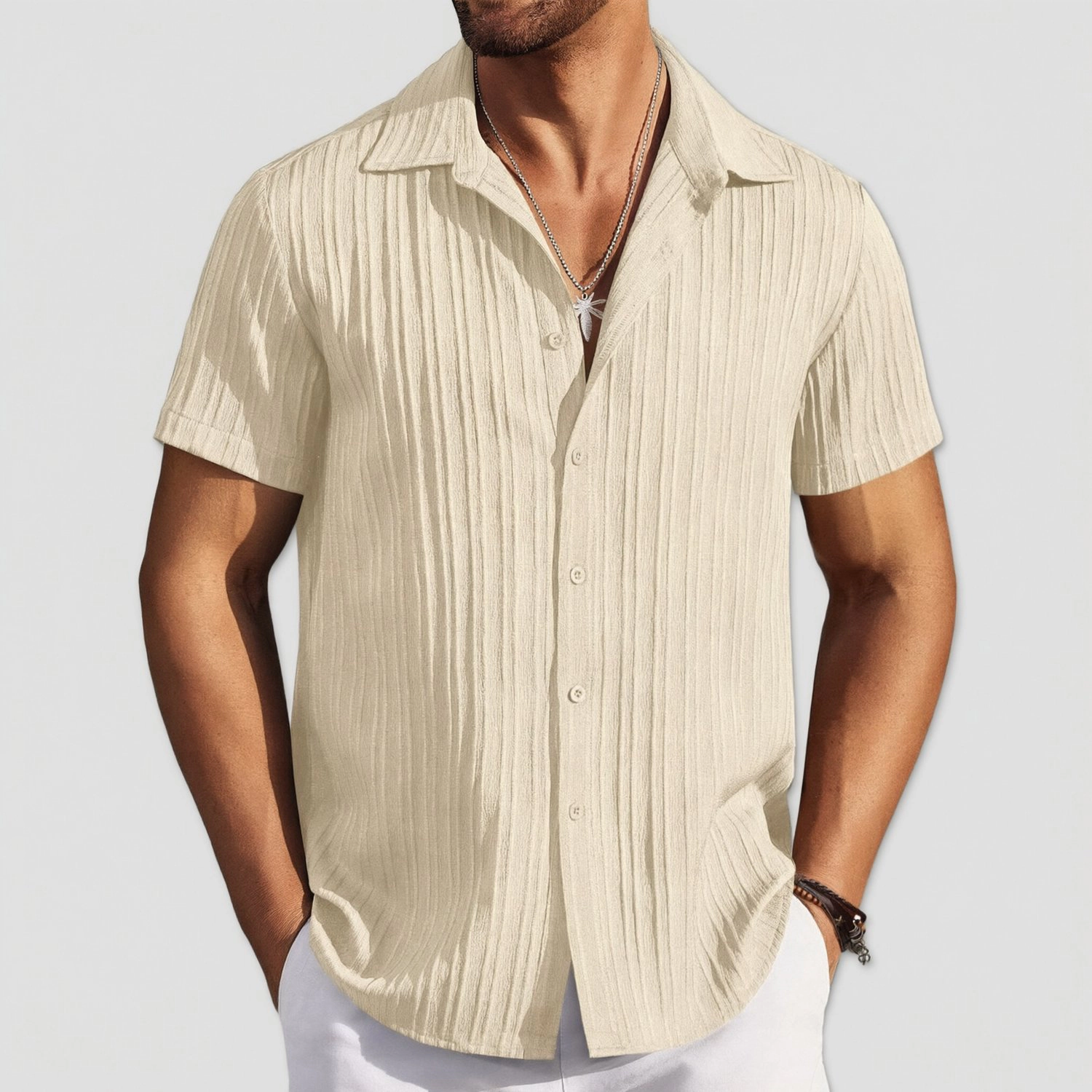 COOFANDY Mens  Short Sleeve Button Up Shirts Lapel V Neck Pleated Casual Tops