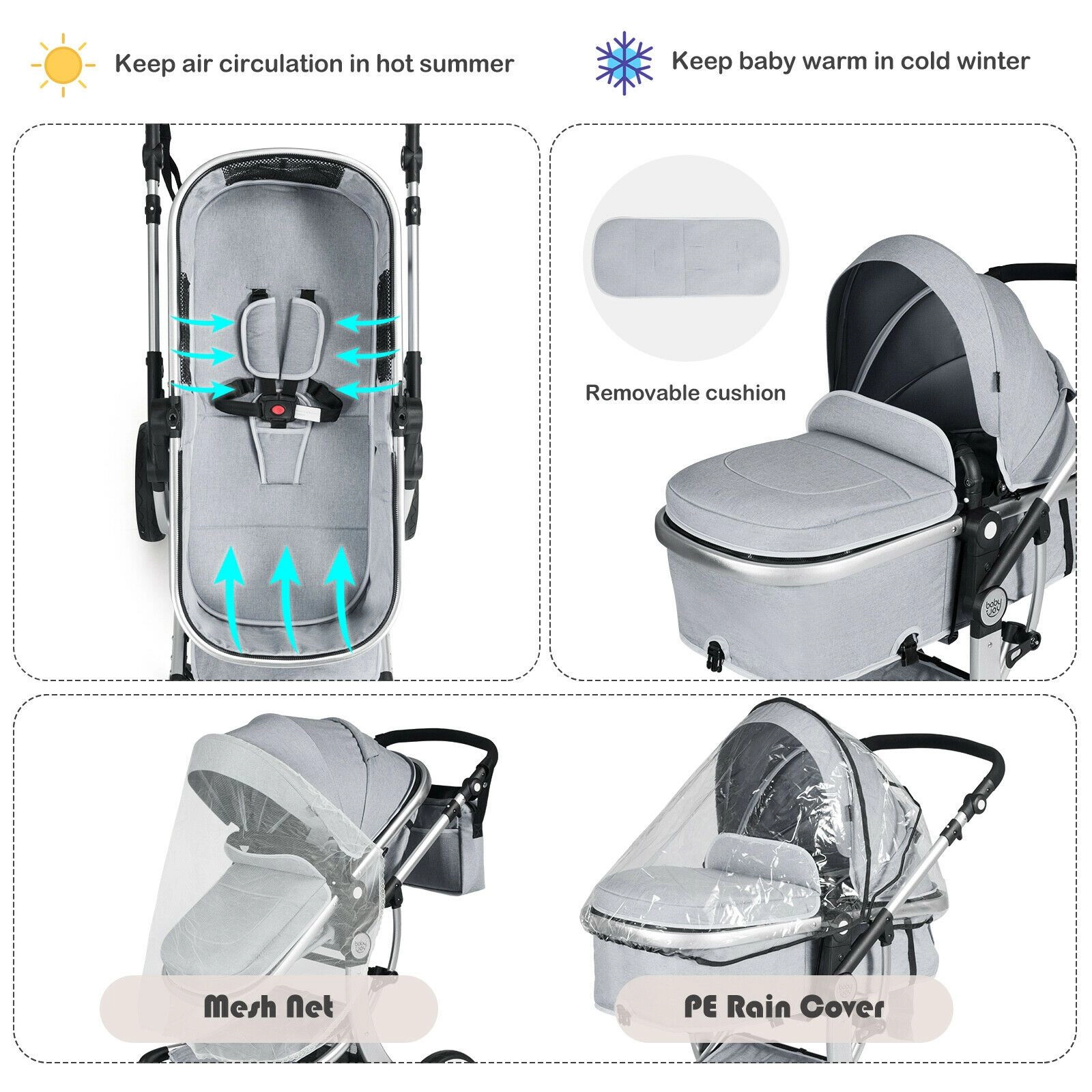 SlickBlue Foldable Infant Stroller with Adjustable Canopy and Safety Harness