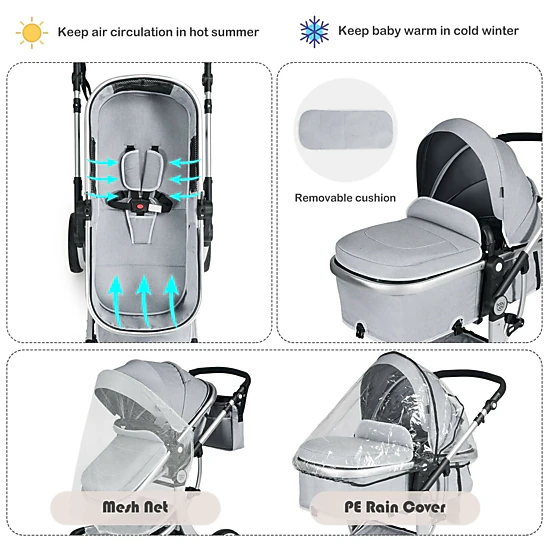 SlickBlue Foldable Infant Stroller with Adjustable Canopy and Safety Harness