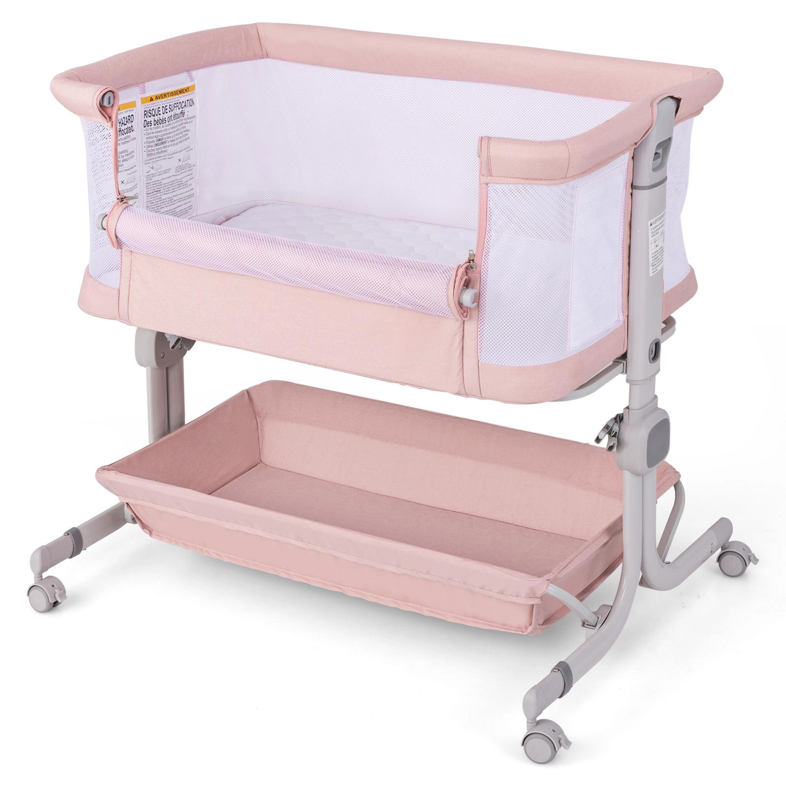 SUGIFT 3-in-1 Baby Bassinet Bedside Sleeper with 6-Level Adjustable Height 20-lb Capacity Ages 0-6 Months Pink