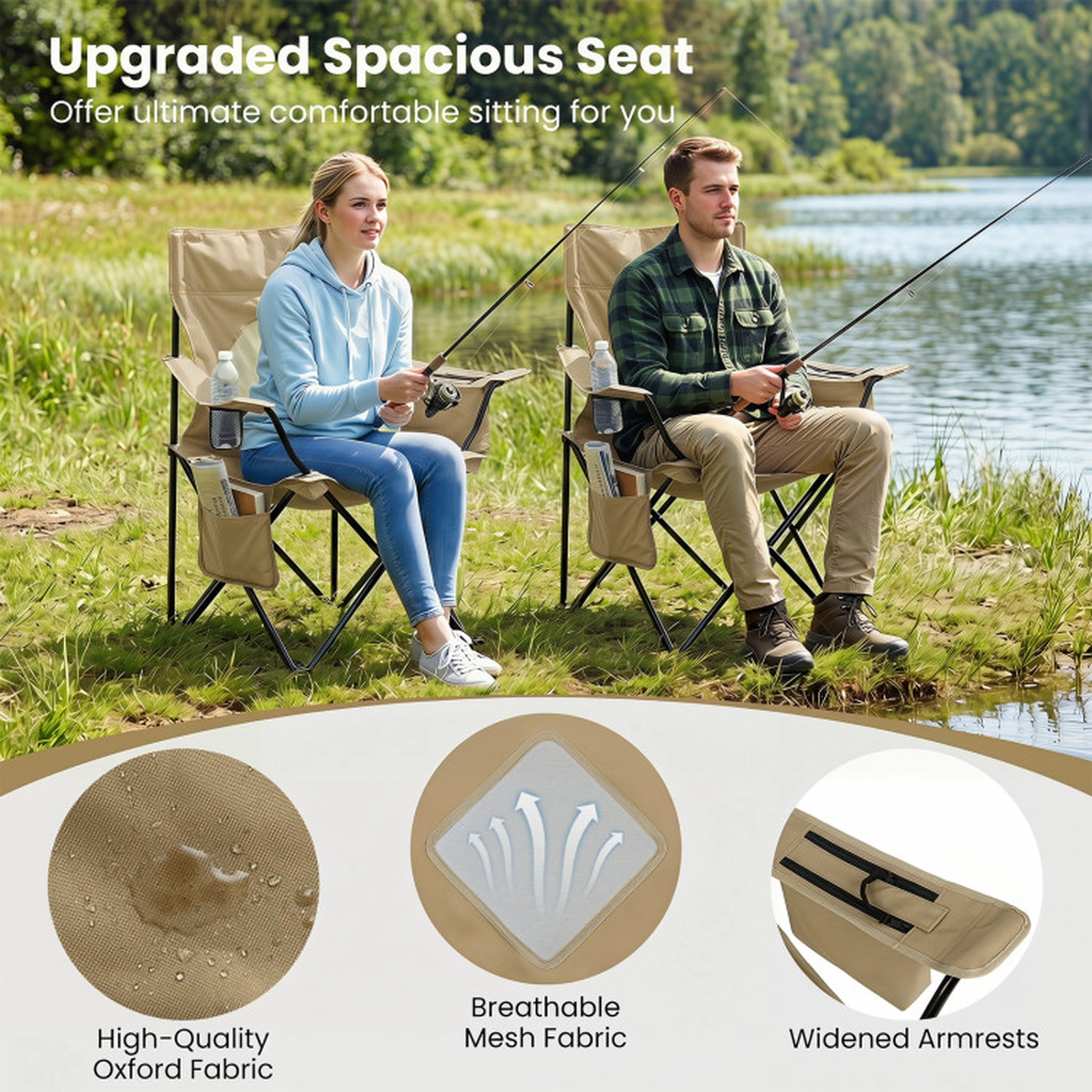SUGIFT Green Folding Camping Chair with Mesh Backrest and Cooler Bag 35.5-in W 21-in D 37-in H 330-lb Seat Capacity