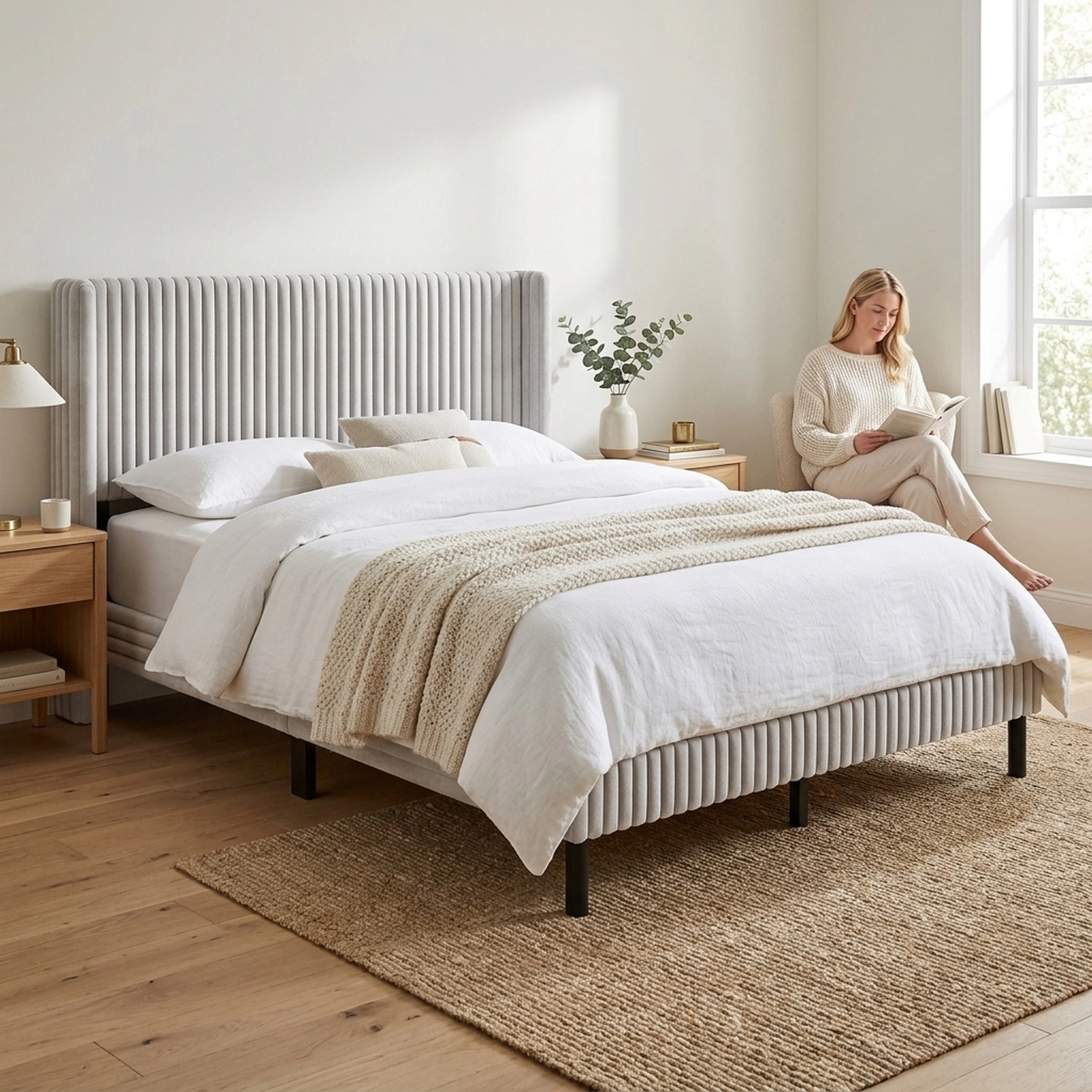 SUGIFT Queen Velvet Upholstered Platform Bed, White, Wingback Channel-Tufted Headboard, 800-lb Capacity