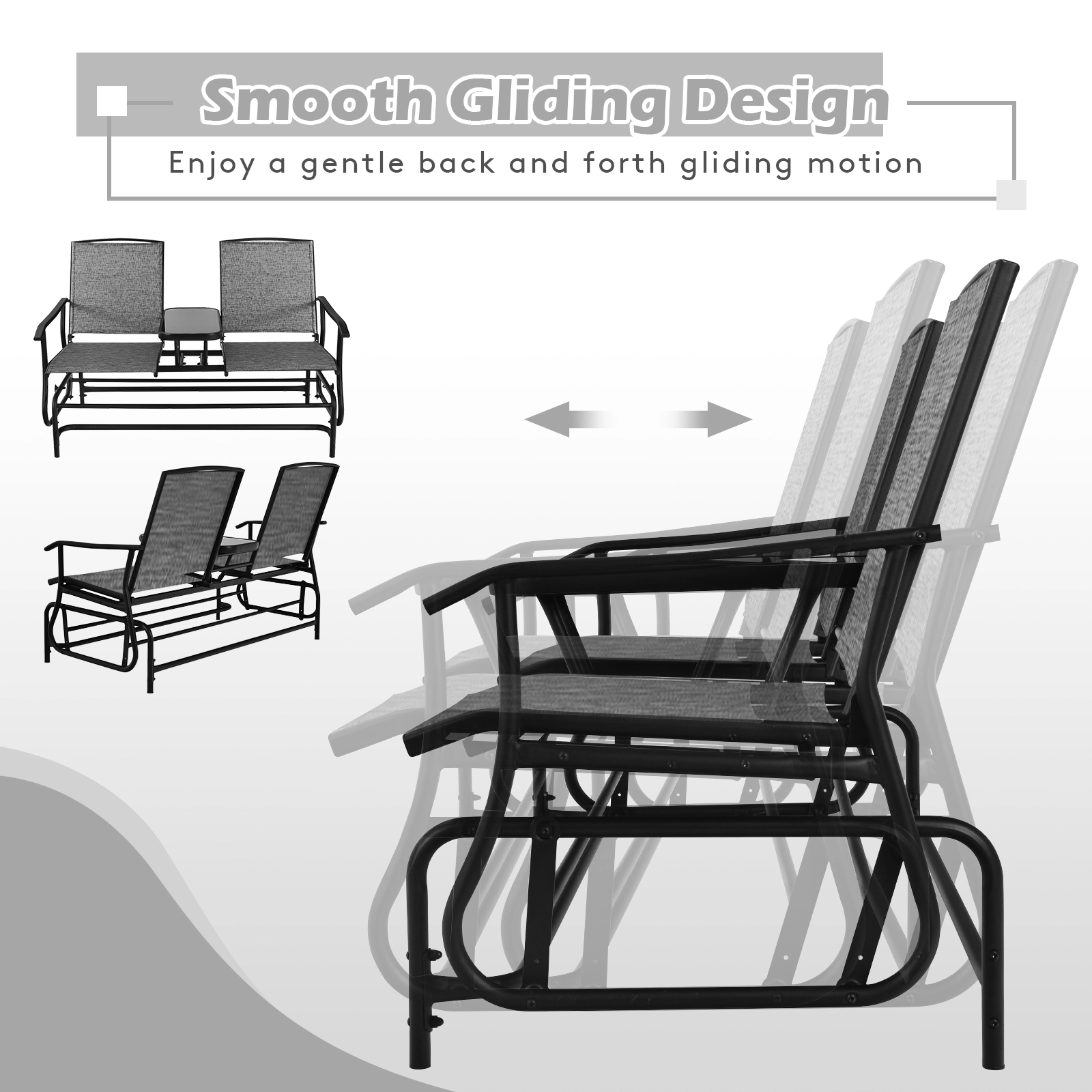 SUGIFT 2-Person Rocking Loveseat with Center Tempered Glass Table 530-lb Capacity Gray