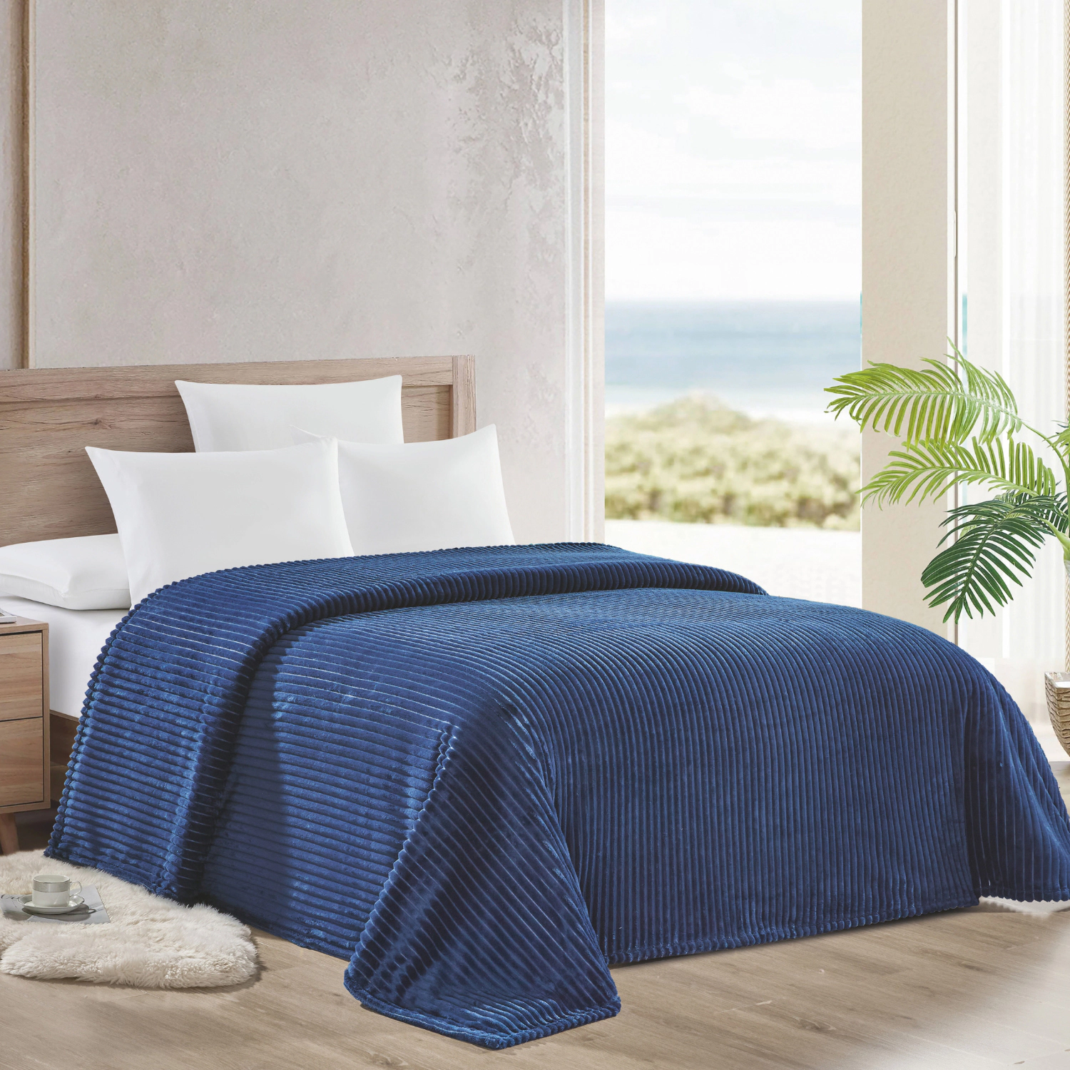 Plazatex Striata Lined Oversized All Season 100% Polyester Blanket King 108" x 90" Navy