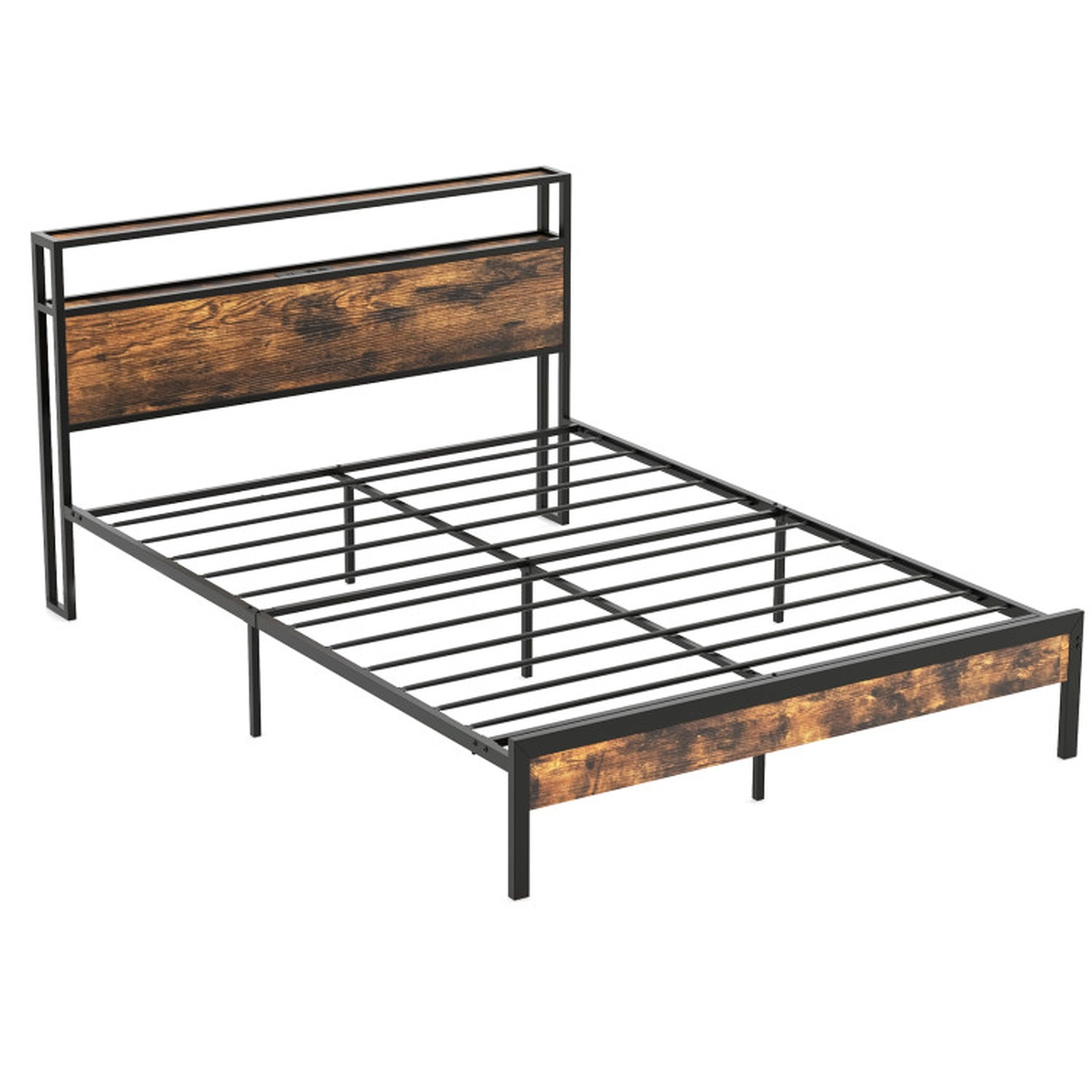 SUGIFT Storage Headboard Bed Frame with Charging Station 1000-Lb Capacity Queen Rustic Brown + Black