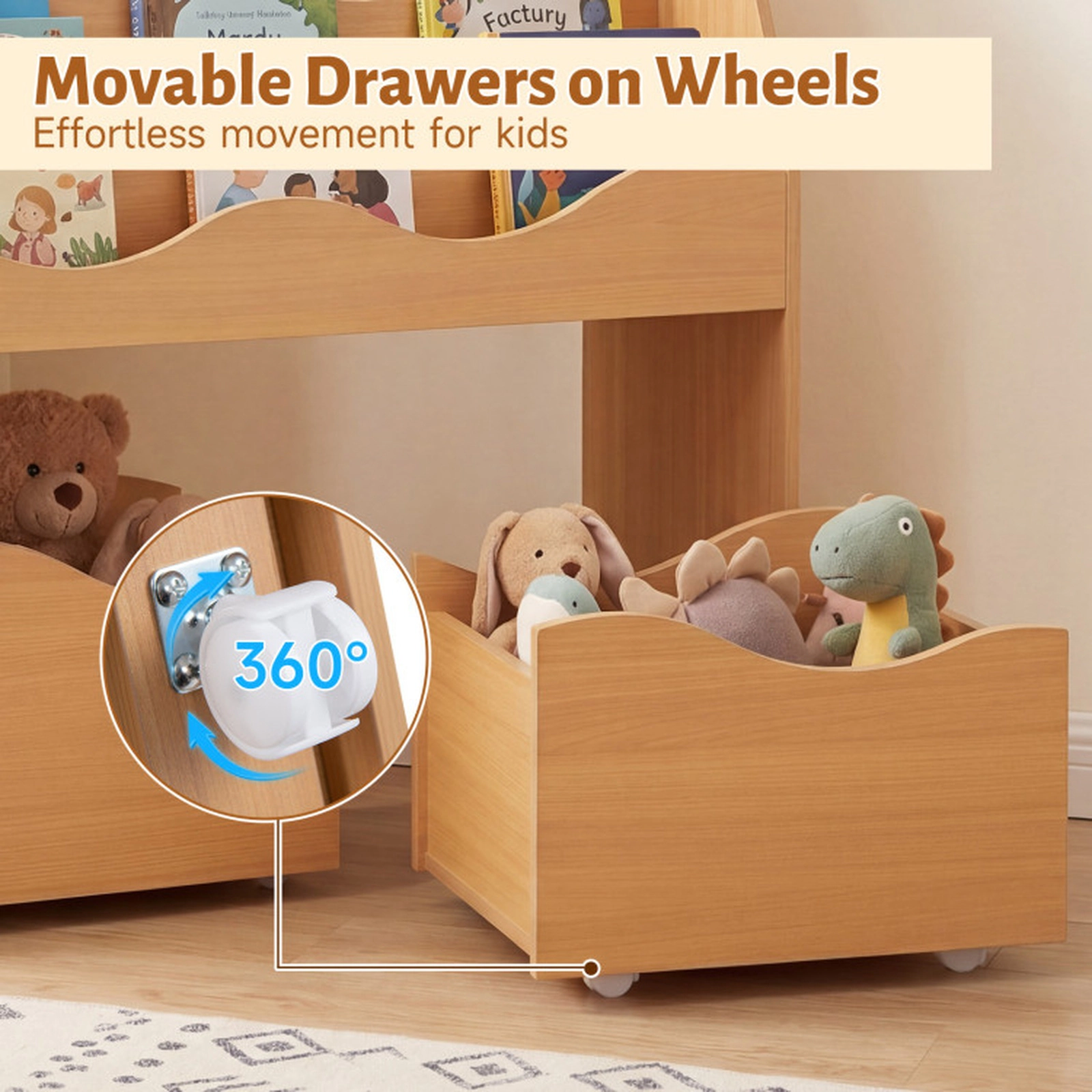 SUGIFT Kids 3-Tier Bookshelf 2 Rolling Drawers Toy Storage Organizer 32.5-in x 12-in x 30-in 33-lb Capacity Natural