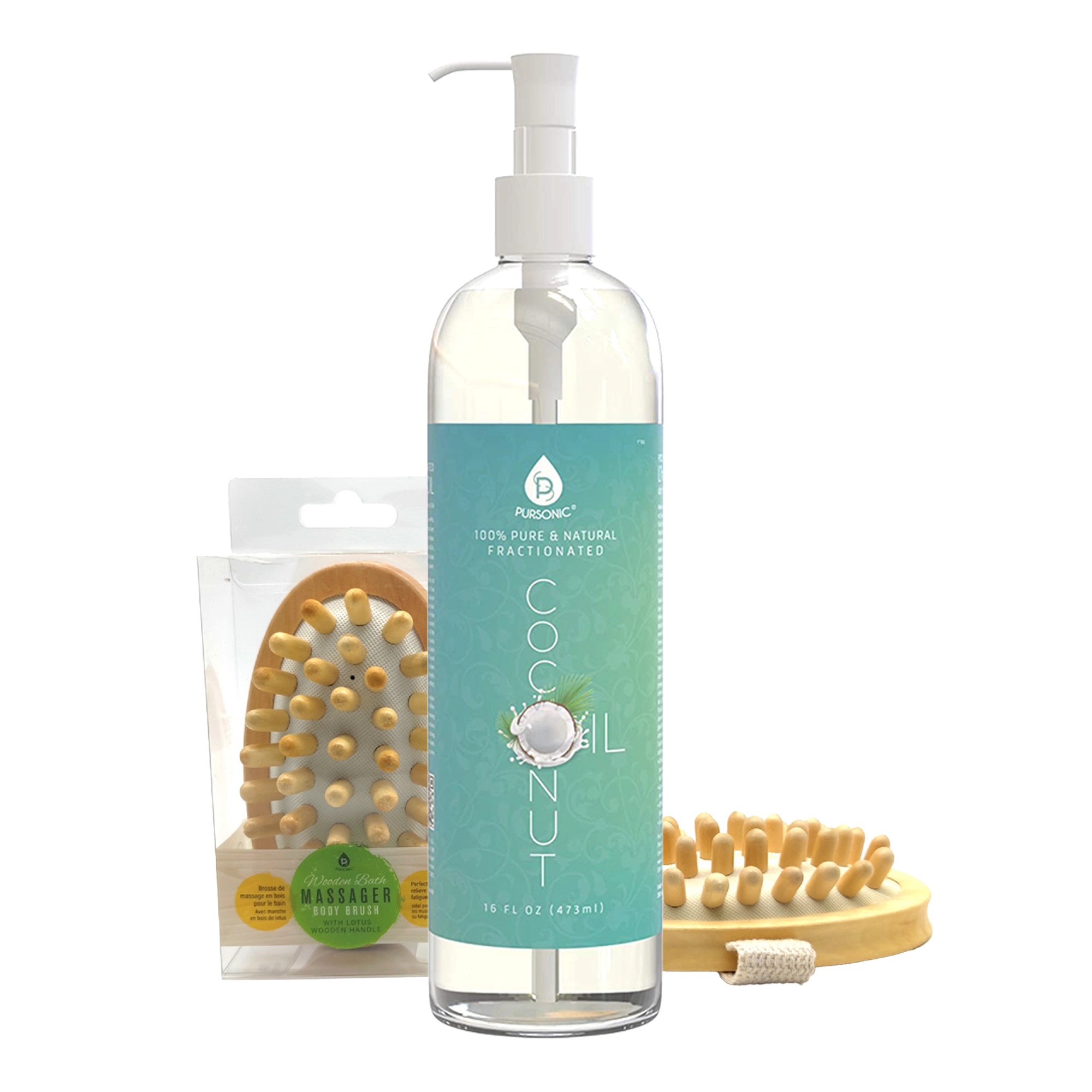 Pursonic Unisex Natural Body Care Nourishing Beauty Bundle Fractionated Coconut Oil & Boar Bristle Bath Brush