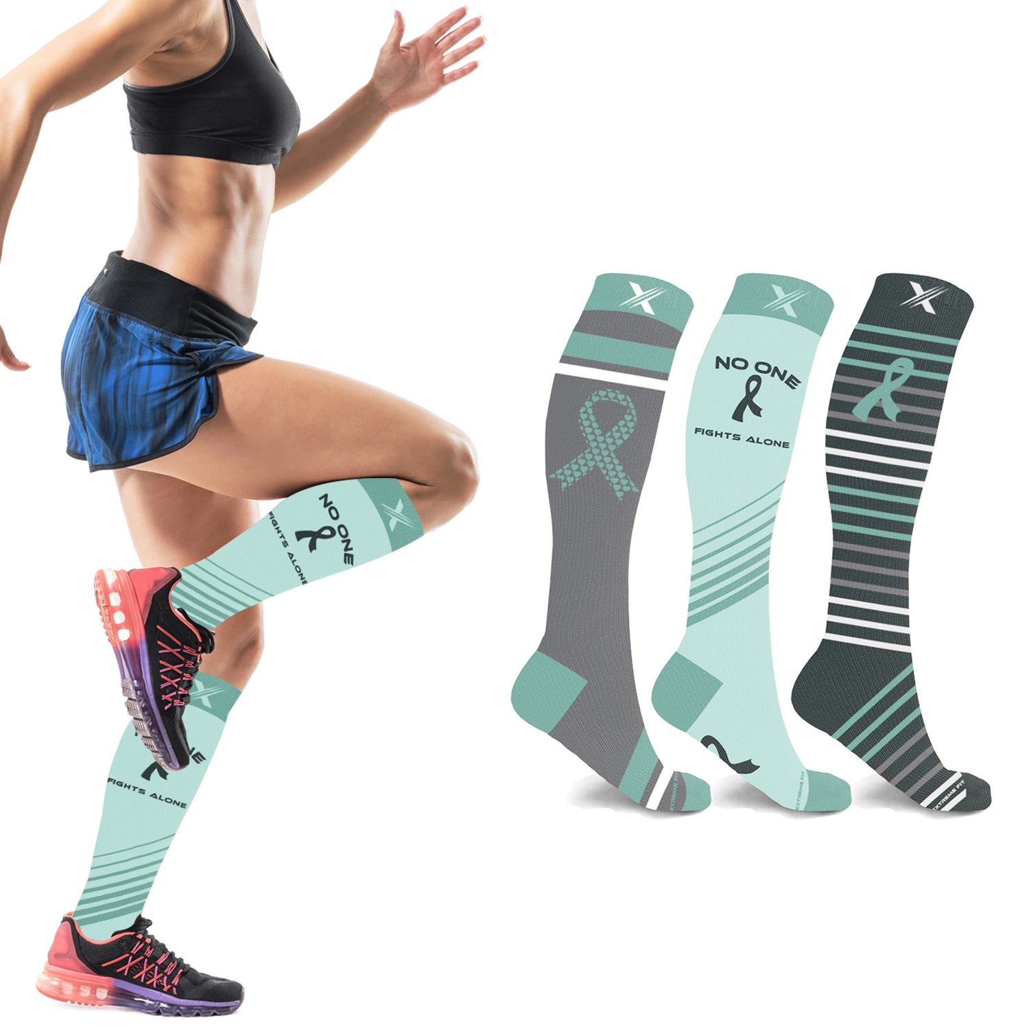 Extreme Fit Cancer Awareness Compression Socks - Knee High For Running 3 Pair