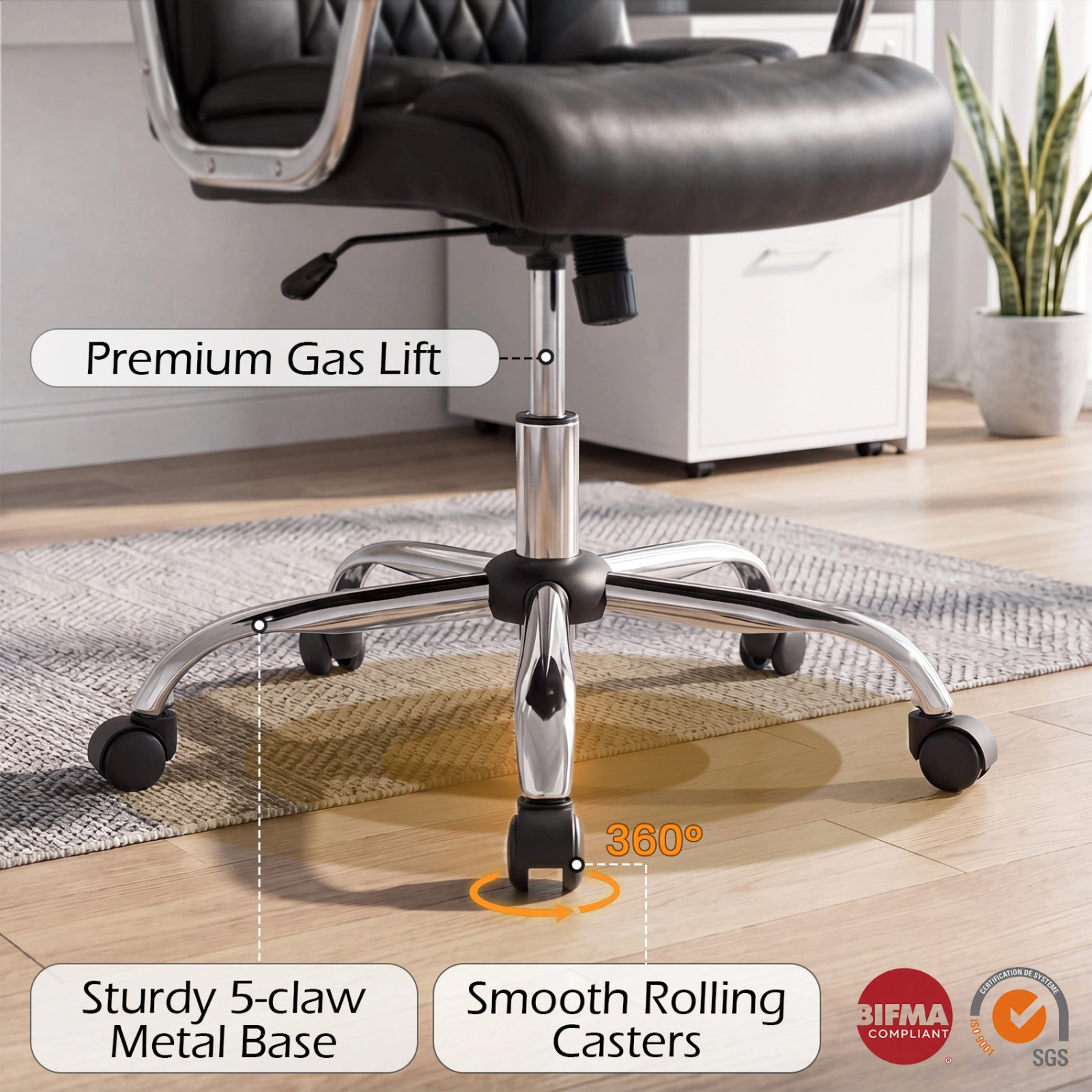 SUGIFT Big and Tall Black Faux Leather Office Chair with Lockable Rocking Backrest
