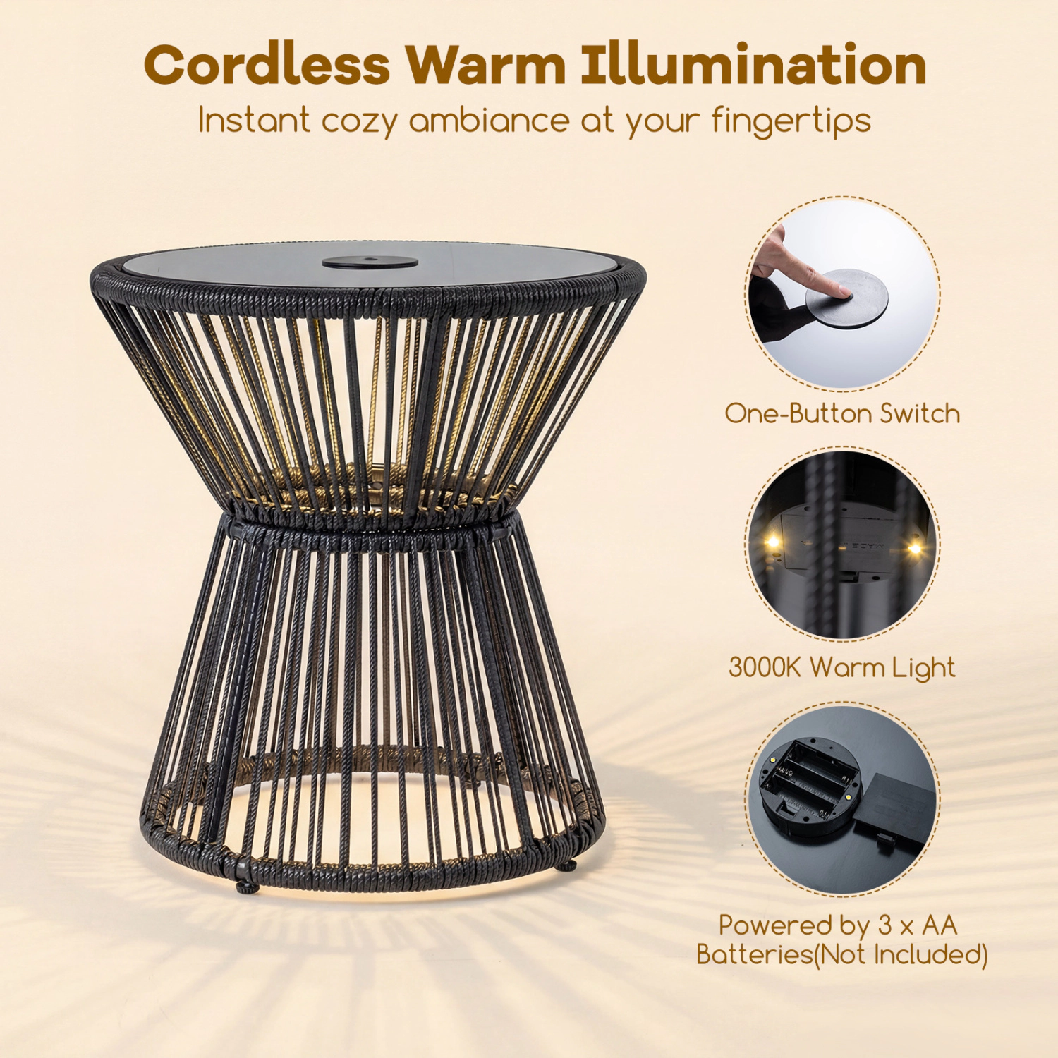 Hivvago Outdoor Side Table With Led Warm Light And Tempered Glass Top