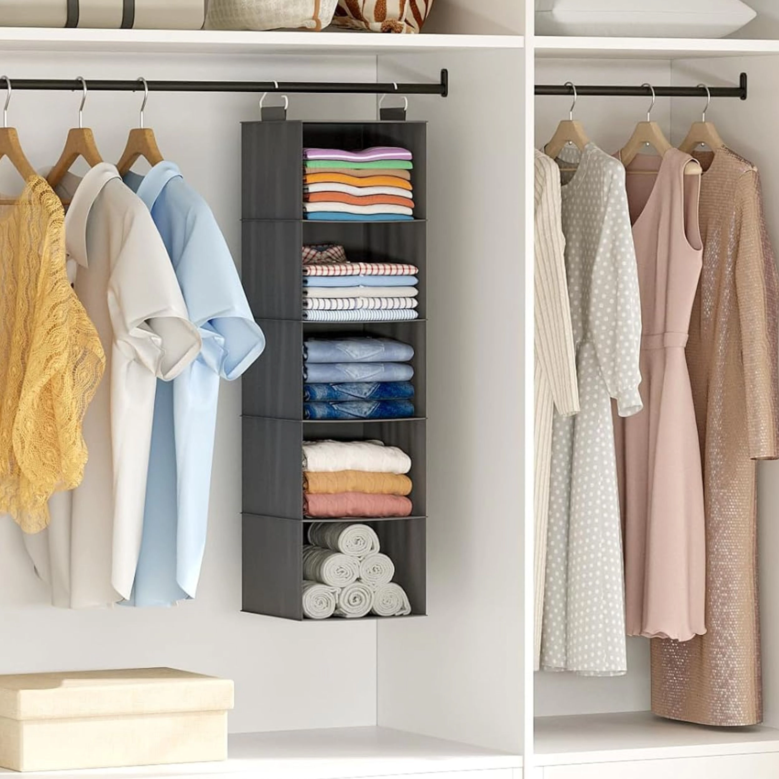Stock Preferred 5 Tier Foldable Fabric Hanging Closet Organizer with Hooks