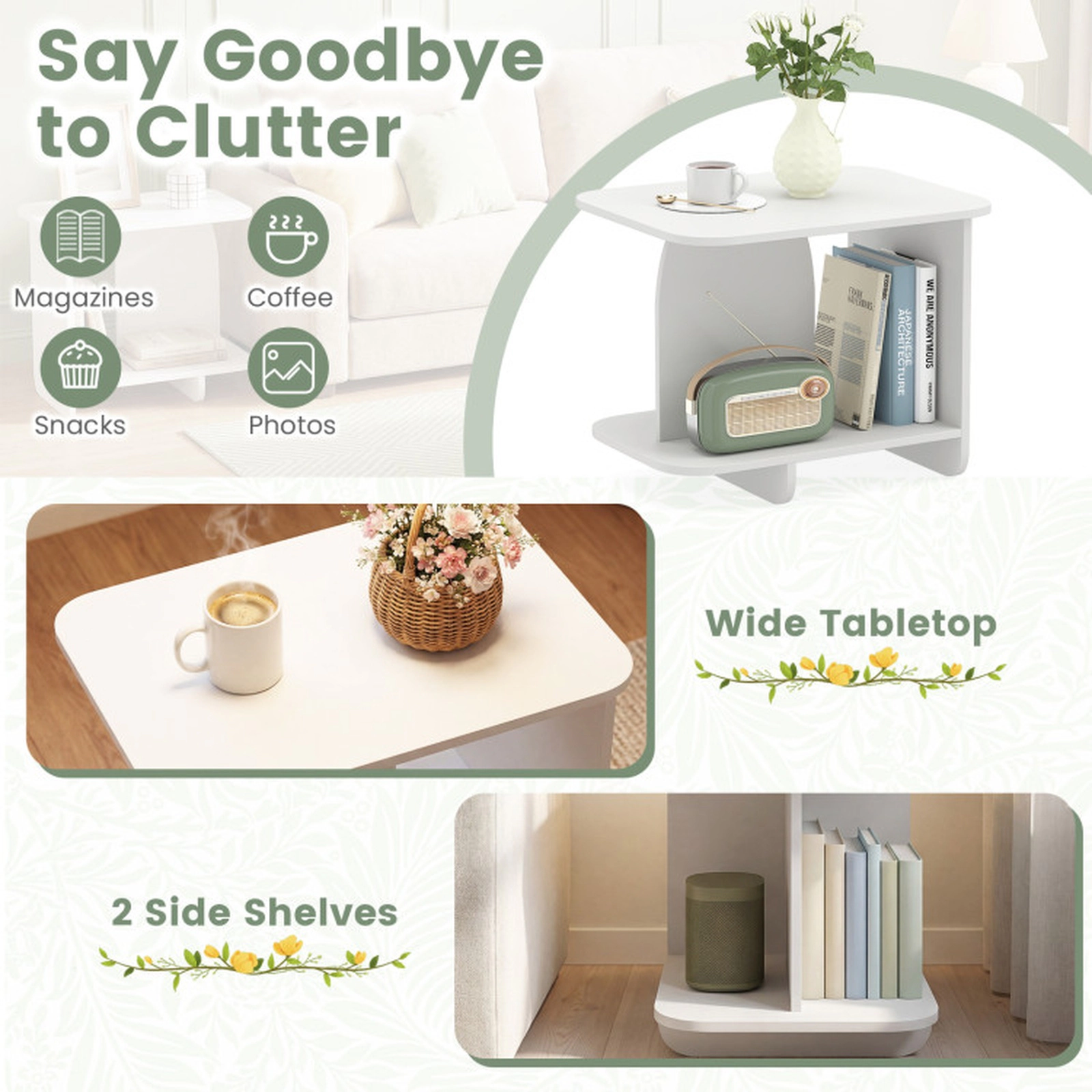 SUGIFT Storage Shelf and Screw Hole Covers 2-Tier White Sofa Side Table