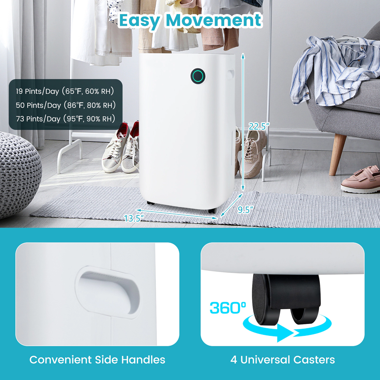 SlickBlue Portable Dehumidifier with 73 Pint Capacity, 5 Working Modes, 2 Fan Speeds, Large Water Tank and Wheels