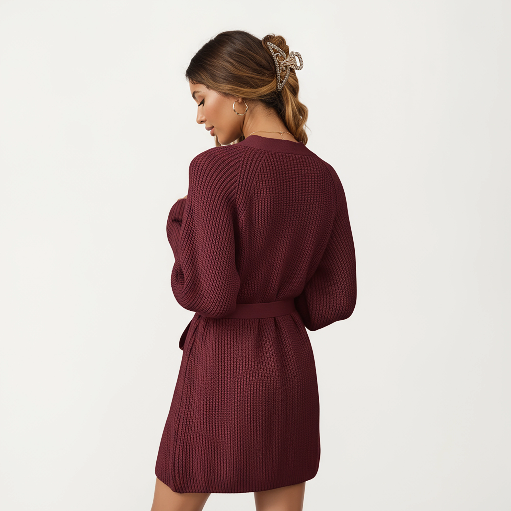 Anna-Kaci Women's Knit Long Sleeves Textured Ribbed Fabric Adjustable Waist Tie Wrap Top