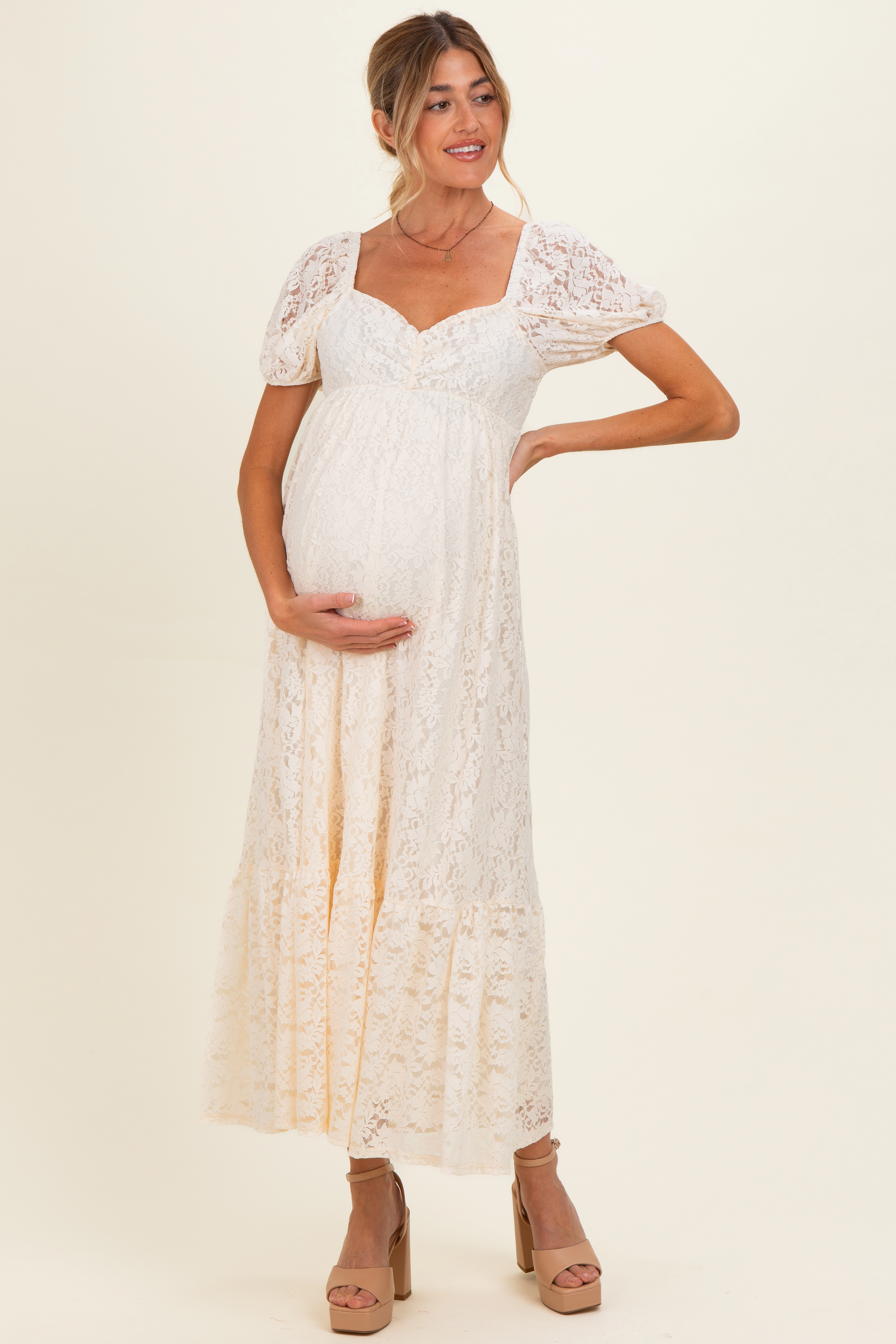 PinkBlush Womens Ivory Lace Maternity Maxi Dress