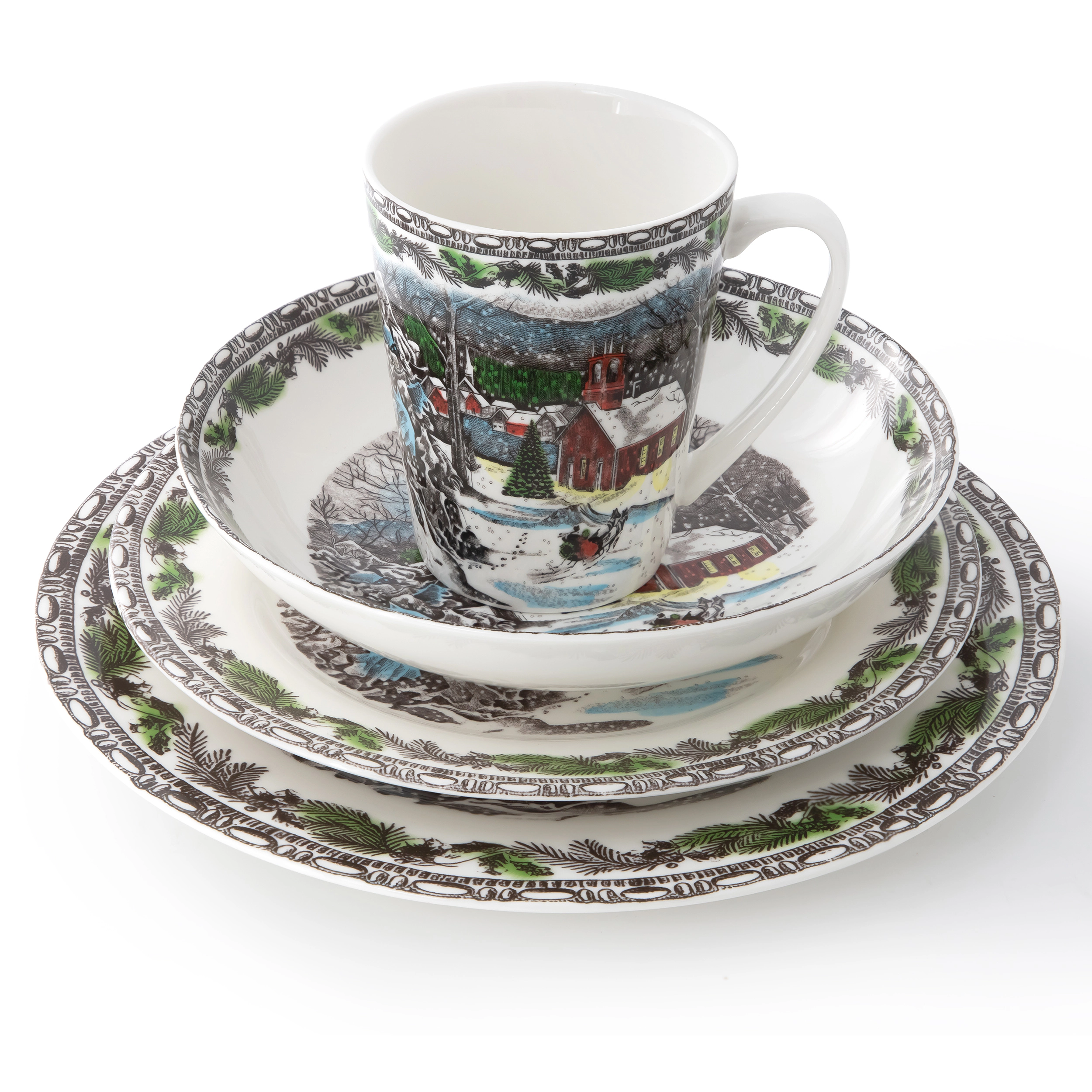 Elama Holly 16 Piece Porcelain Holiday Dinnerware Set
