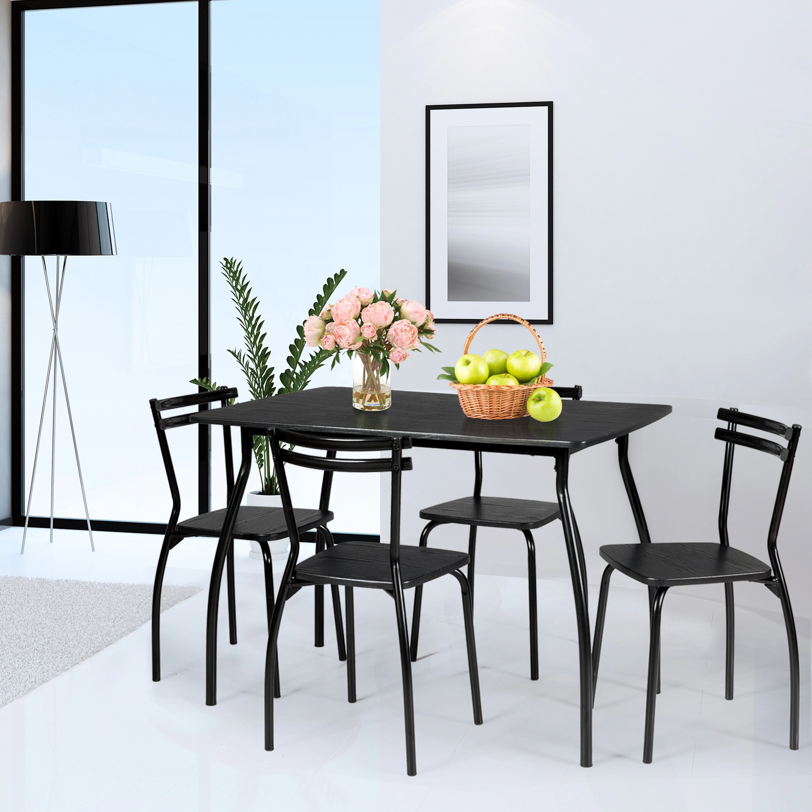 SUGIFT 5-Piece Black Steel Dining Set for 4, 42-Inch Table with Backrest Chairs