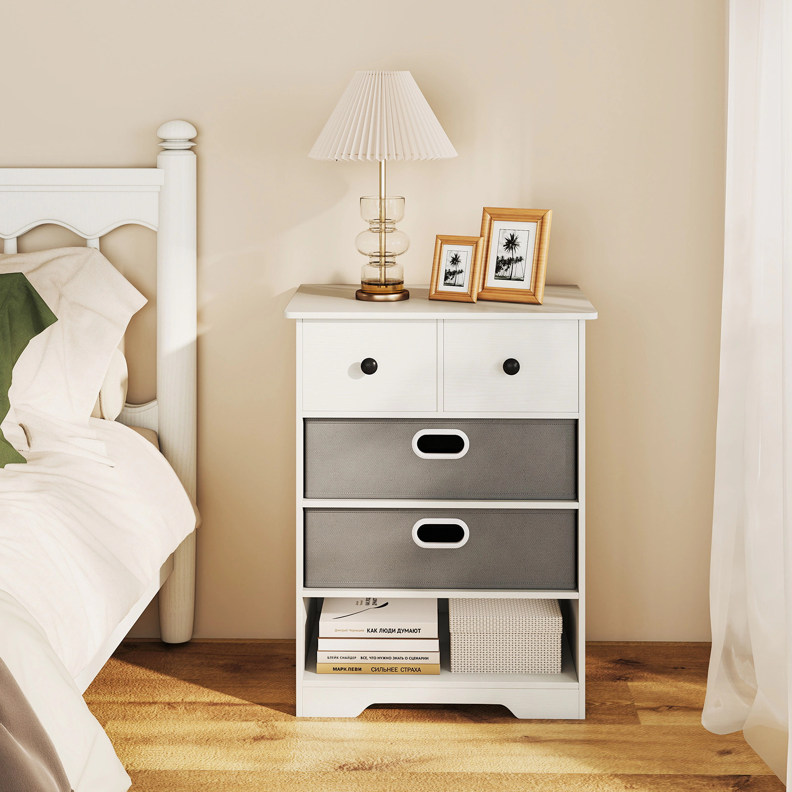 SUGIFT White Fabric Bins and Open Display Shelf 4-Drawer Dresser Chest