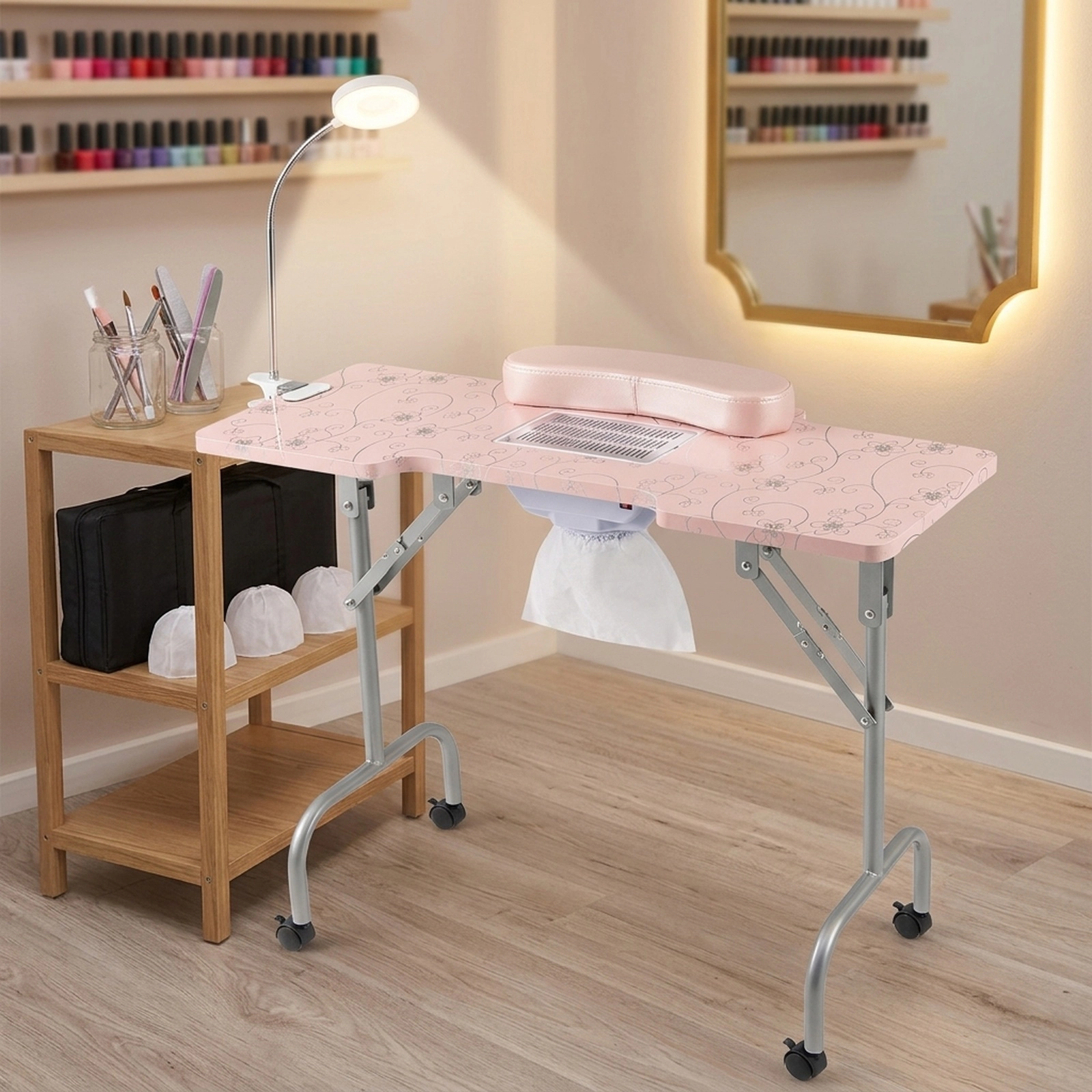 SUGIFT 66-lb Capacity Folding Manicure Table with Electric Dust Collector Bendable LED Lamp and Wrist Pad