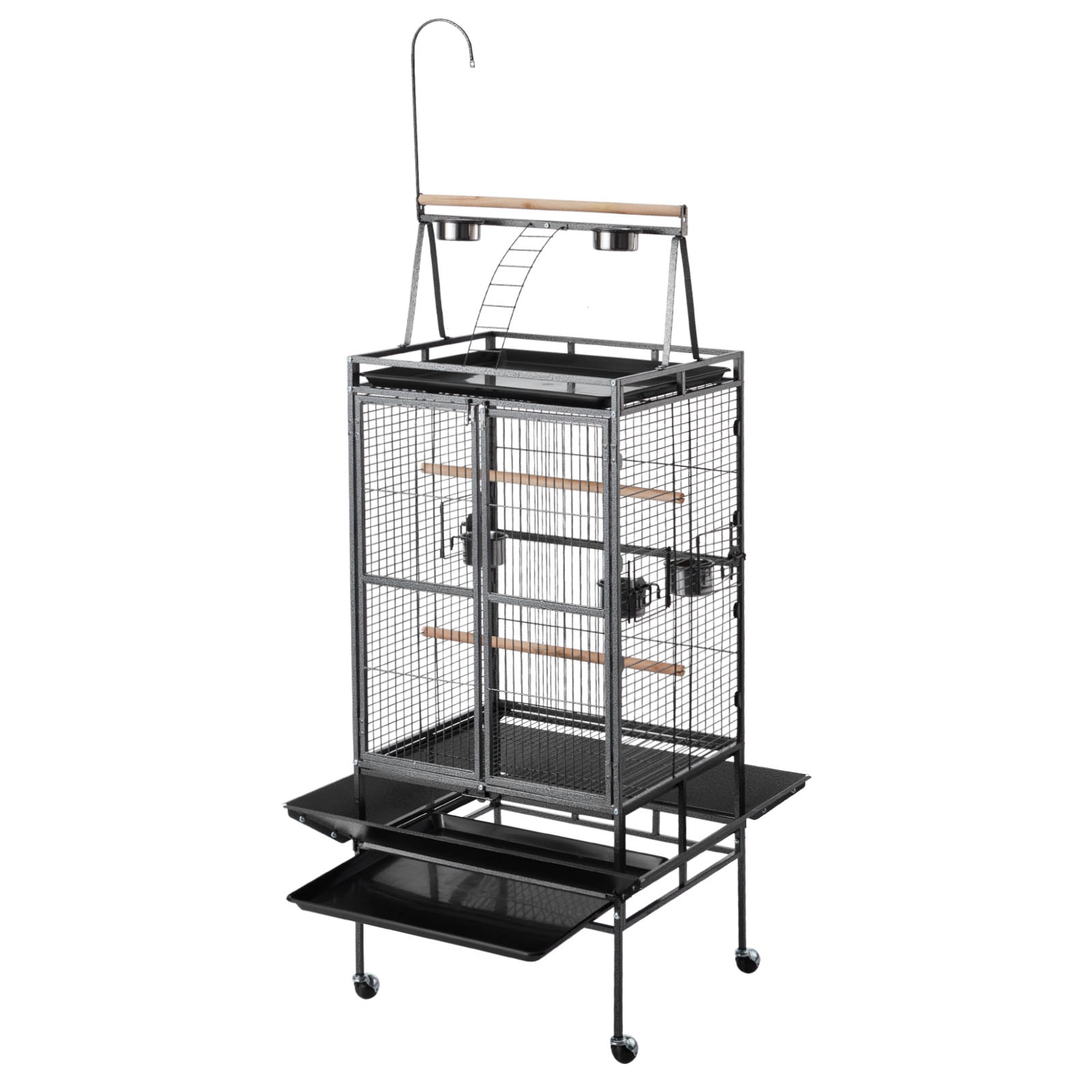 HONGGE Wrought Iron Bird Flight Cage, 32.7"L x 31.1"W x 82.7"H, Open-Top Design with Rolling Casters & Slide-Out Tray