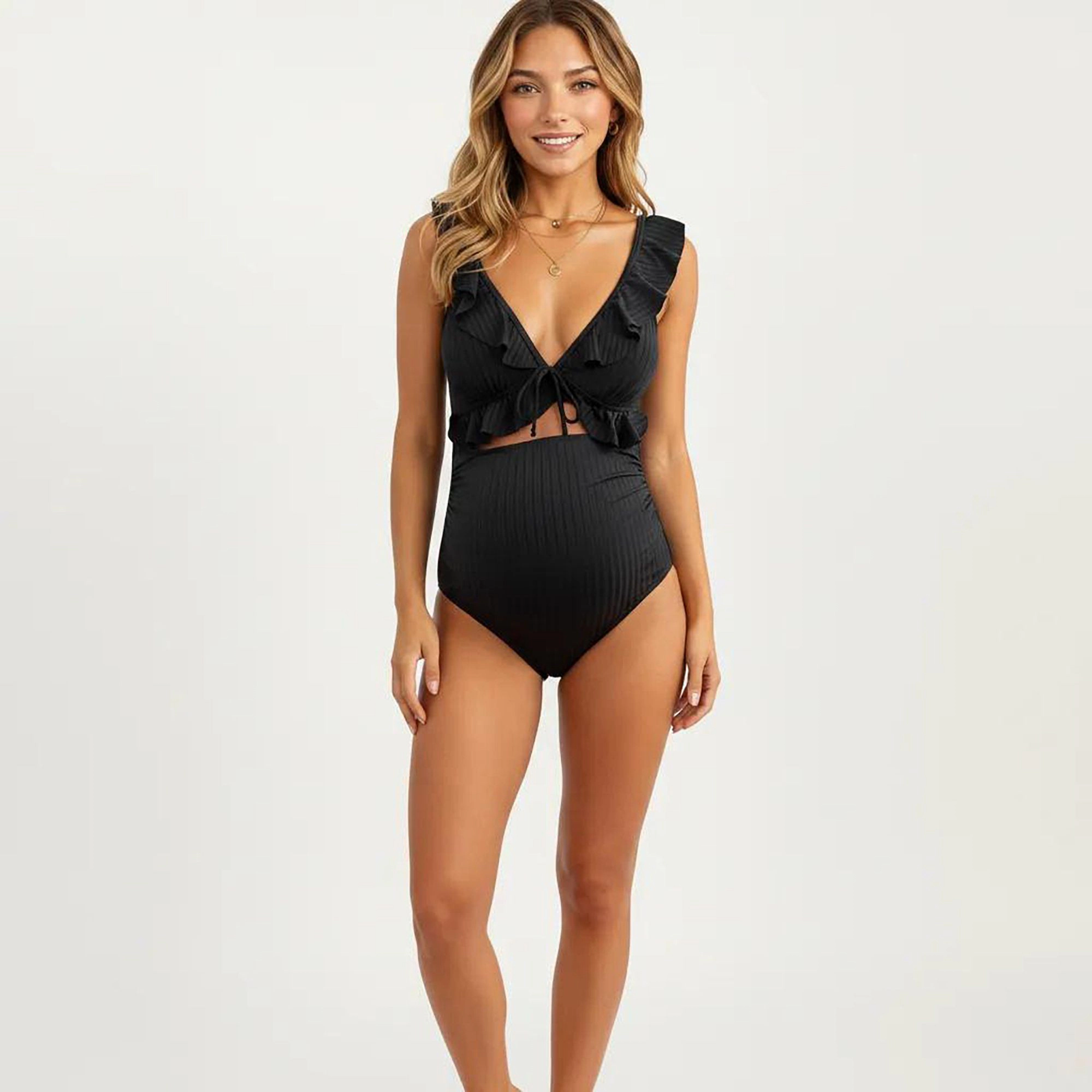 Anna-Kaci Women’s Maternity One-Piece Swimsuit - Ruffled Sleeves, Tie Front