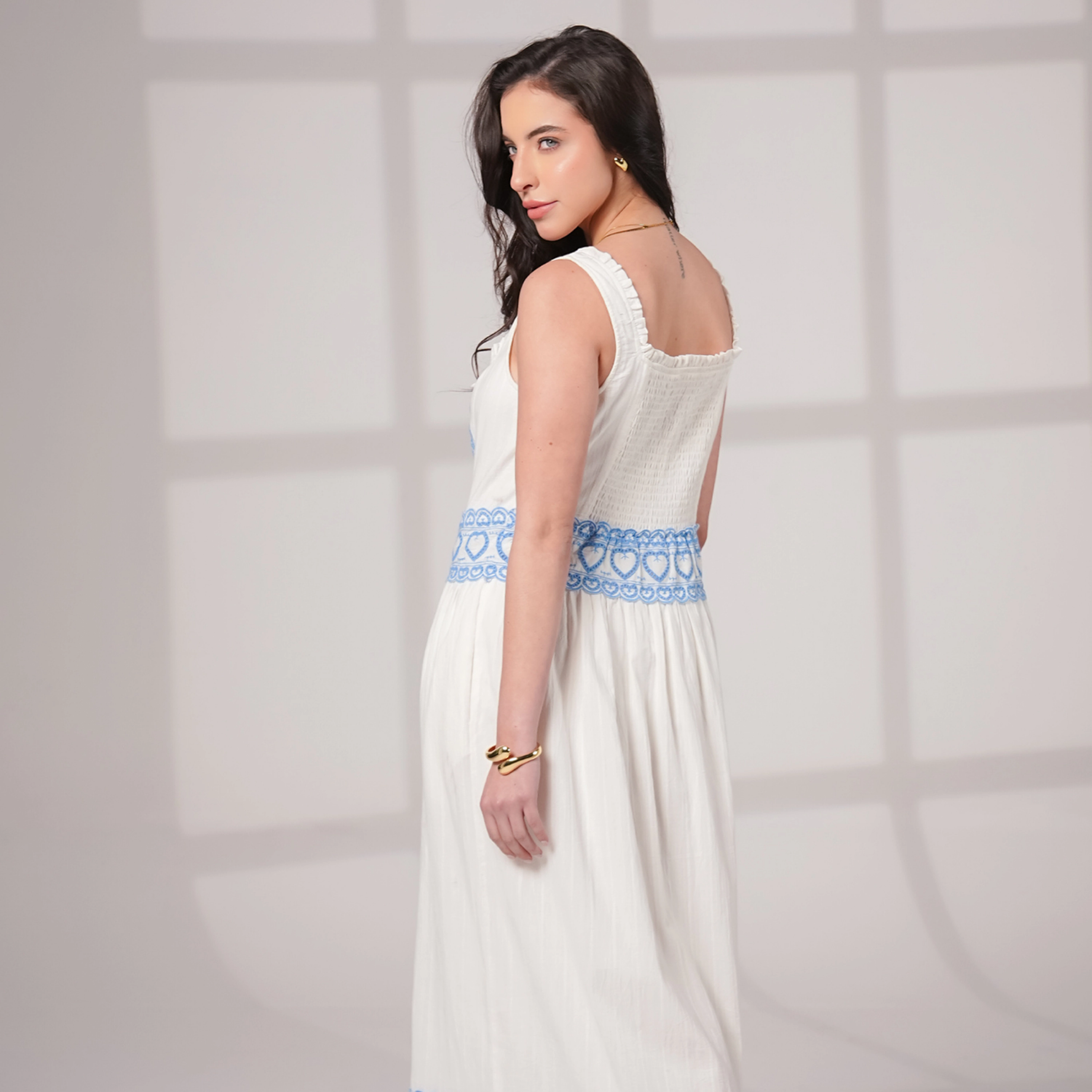 Rose & Nancy Women's Harri White and Blue Cotton Heart Embroidery Maxi Dress