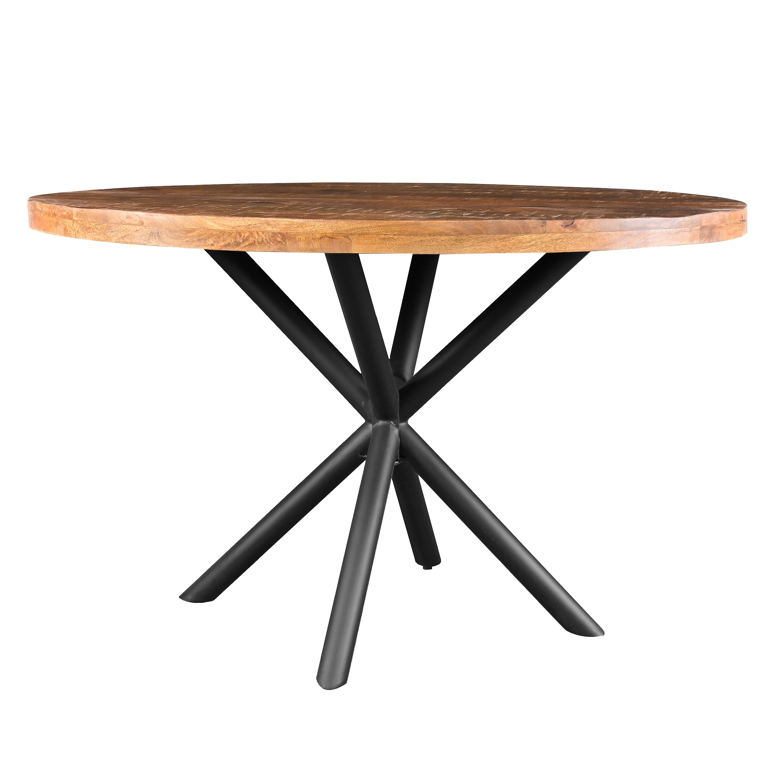 The Urban Port 48 Inch Handcrafted Dining Table, Solid Mango Wood Round Top with Iron Crisscrossed Legs, Brown and Black