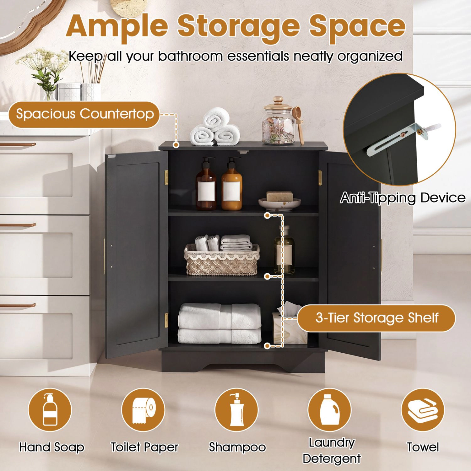 SlickBlue Black Compact Floor Cabinet for Bathroom Kitchen and Living Spaces