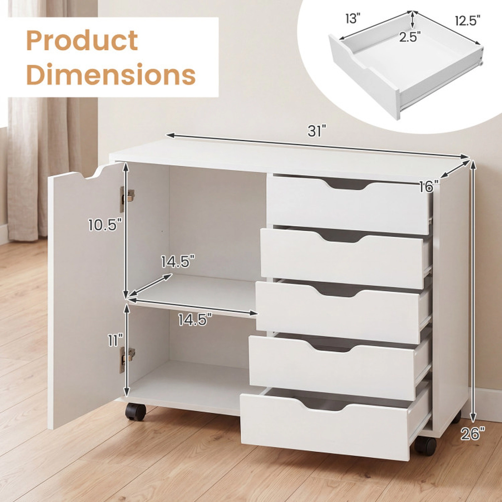 SUGIFT White 5-Drawer Rolling Storage Cabinet Mobile Sideboard Buffet with Adjustable Shelf and Soft-Close Door