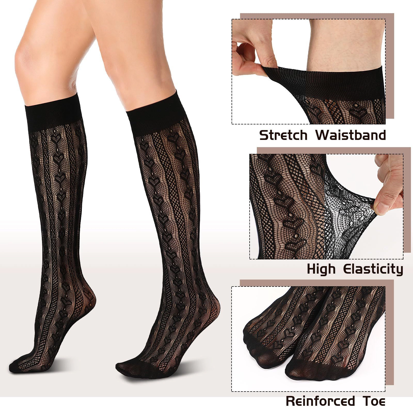 Wardrobe Whimsy 6 Pairs Women's Fishnet Knee High Socks Stylish Lace Hollow Stockings