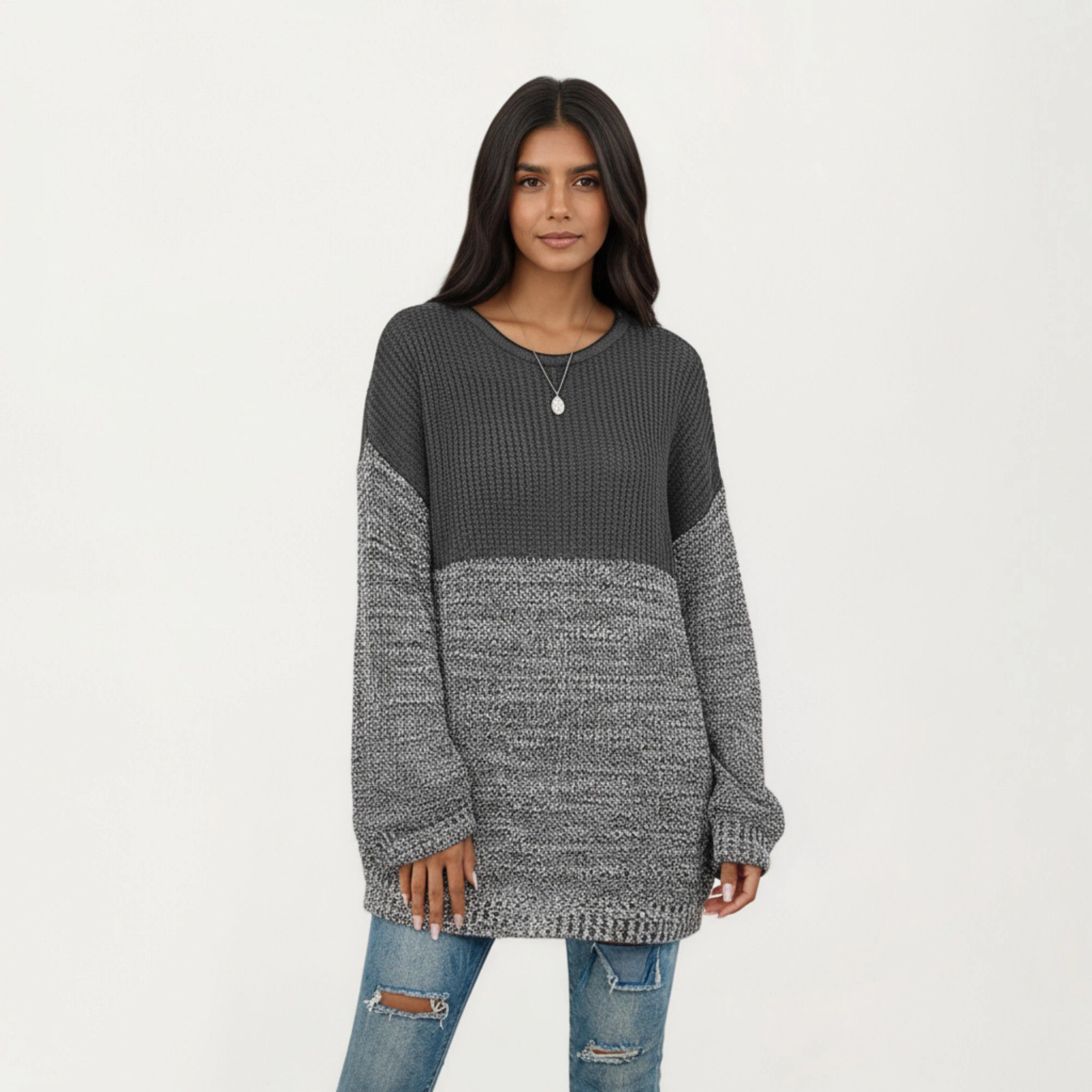 Anna-Kaci Women's Colorblock Waffle Marled Stitch Long Sleeve Knit Sweater