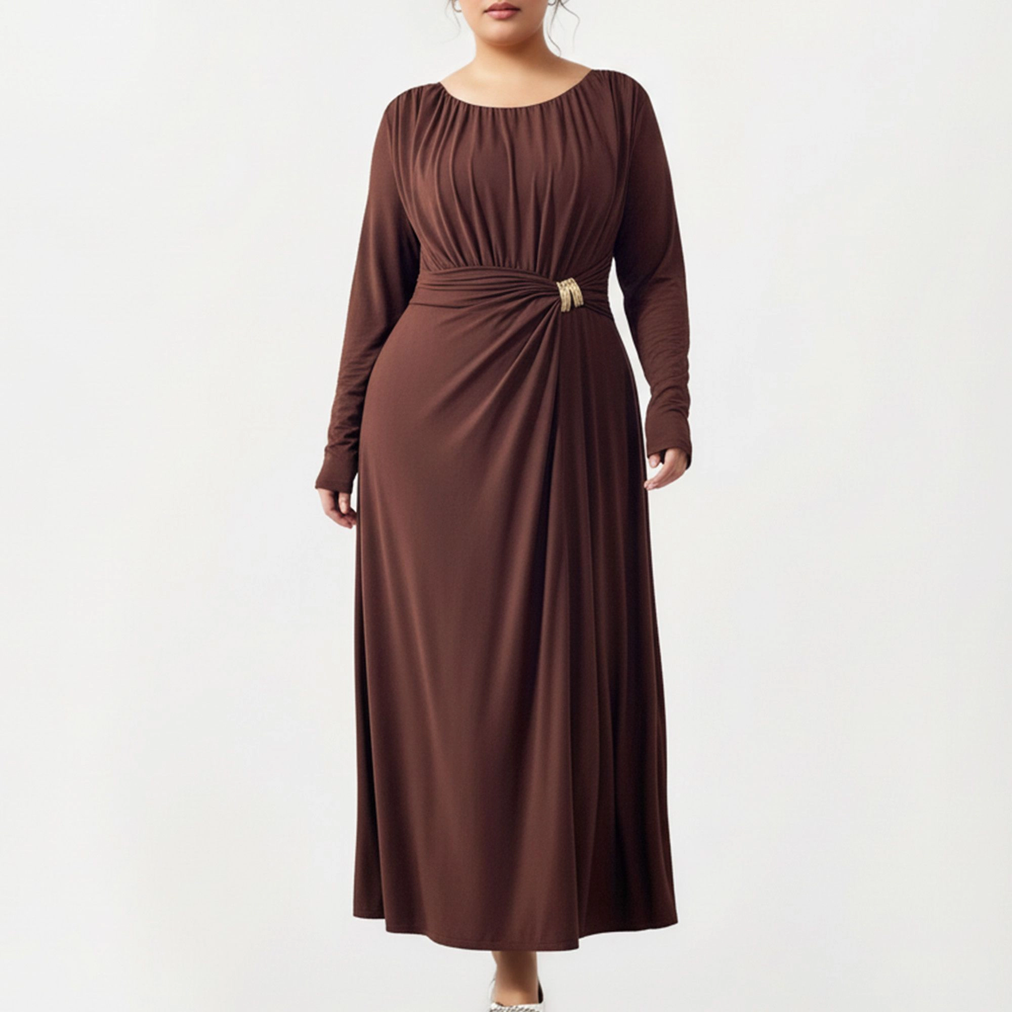 Anna-Kaci Women's Plus Long Sleeve Draped Gathered Waist Elegant Silhouette Maxi Dress