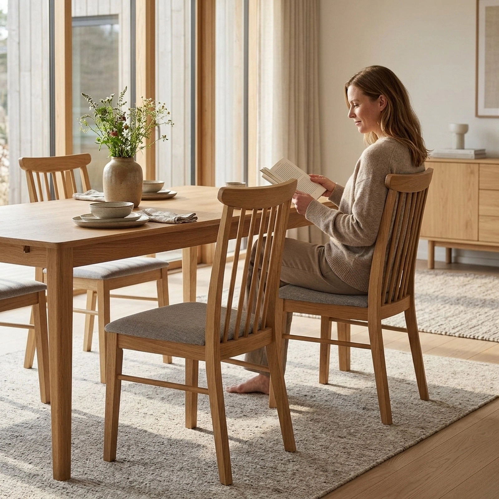 SUGIFT Set of 4 Farmhouse Dining Chairs, Armless Upholstered Spindle Back, Natural Rubber Wood