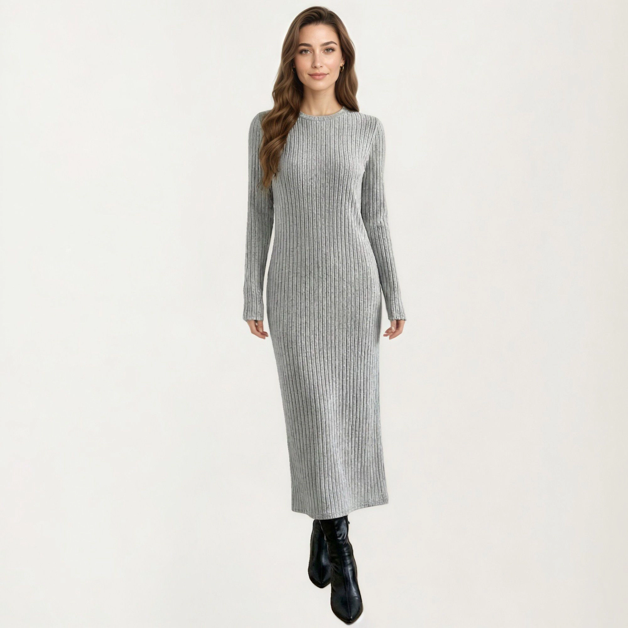 Anna-Kaci Women's Long Sleeve Ribbed Knit Crew Neck Body Skimming Maxi Dress