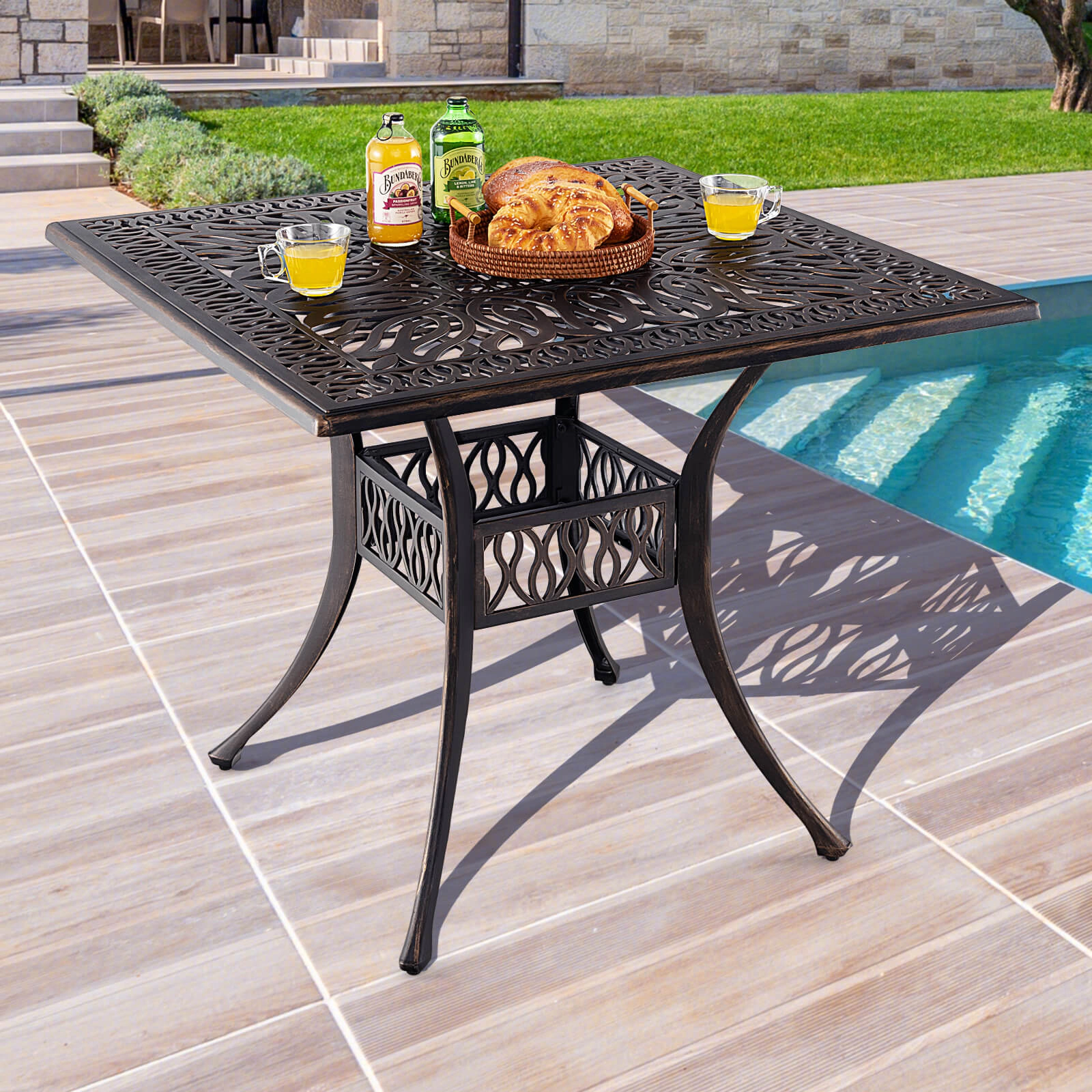 SUGIFT 36-in Cast Aluminum Patio Square Dining Table with 2-in Umbrella Hole 200-lb Capacity 4-Person Antique Brown