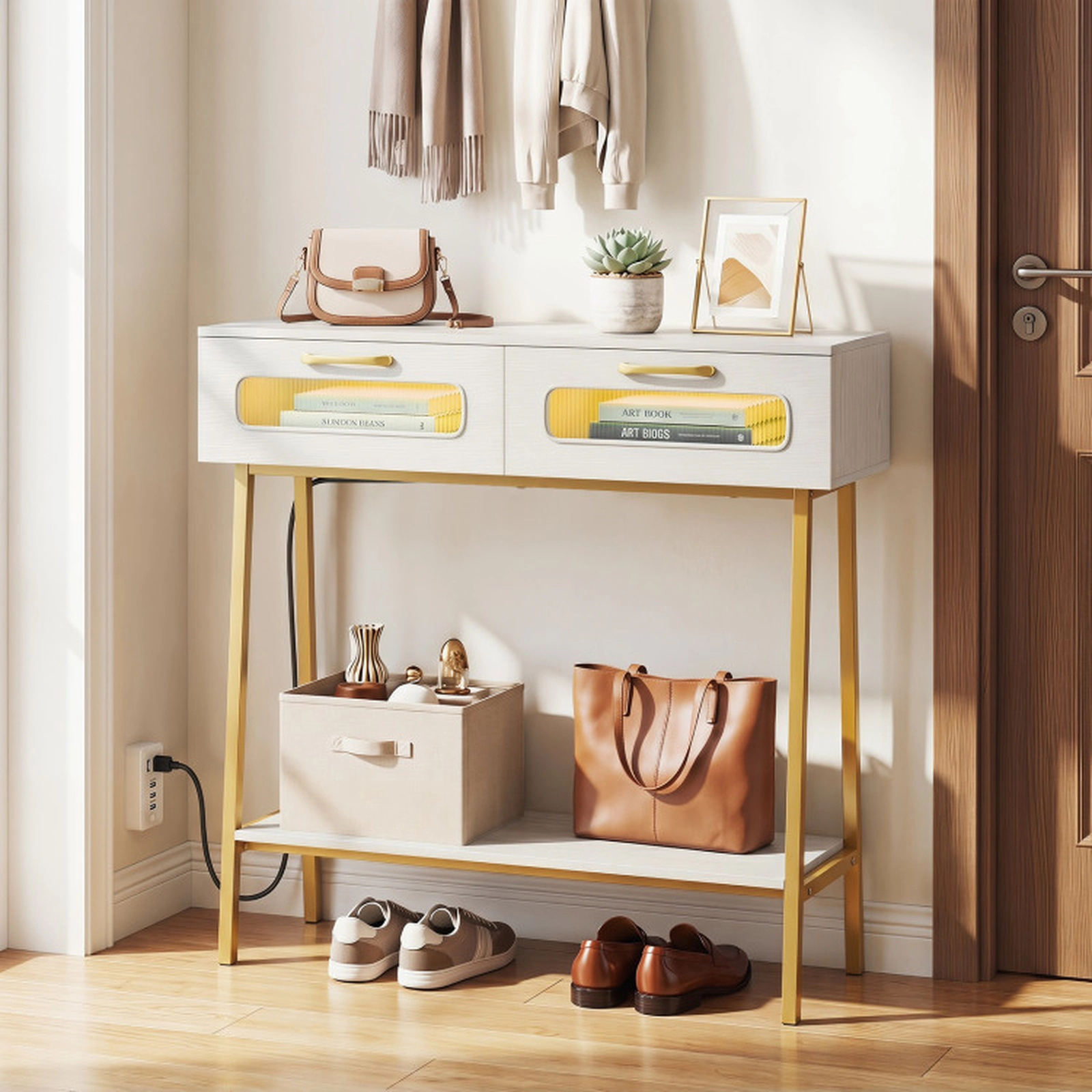 SUGIFT LED Console Table with Remote Control and Open Shelf 100-lb Tabletop Capacity 2-Drawer 36-in Wide White & Gold
