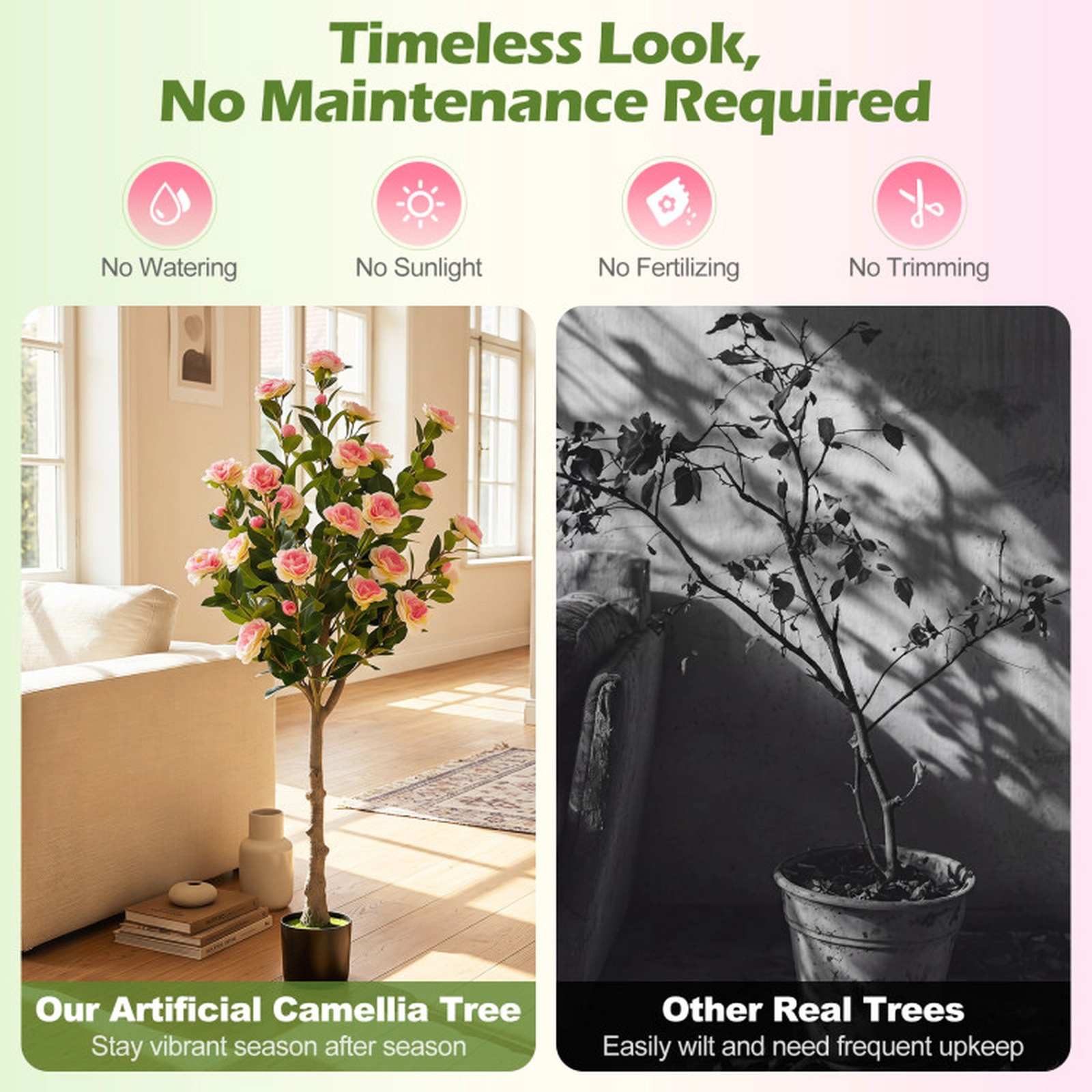 SUGIFT 50.5-in Tall Artificial Pink Camellia Tree with 27 Blossoms Green Moss and Cement-Filled Pot