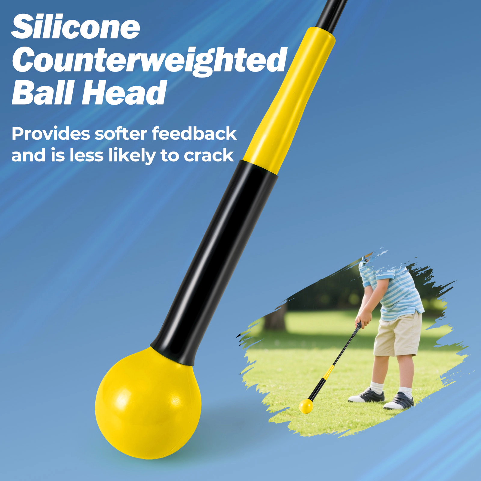 31.5-in Golf Swing Trainer Aid 2.7-in Weighted Ball Head Fiberglass Shaft Ergonomic Grip Right-Handed Yellow