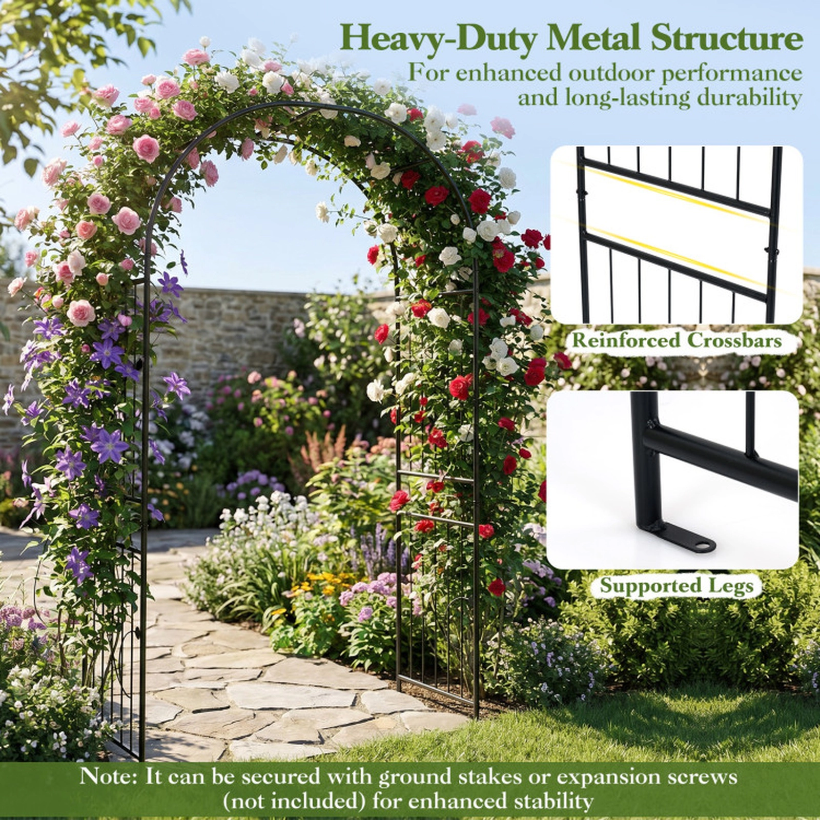 SUGIFT 87-in Black Powder-Coated Metal Garden Arch Arbor Trellis with Reinforced Crossbars and Slats