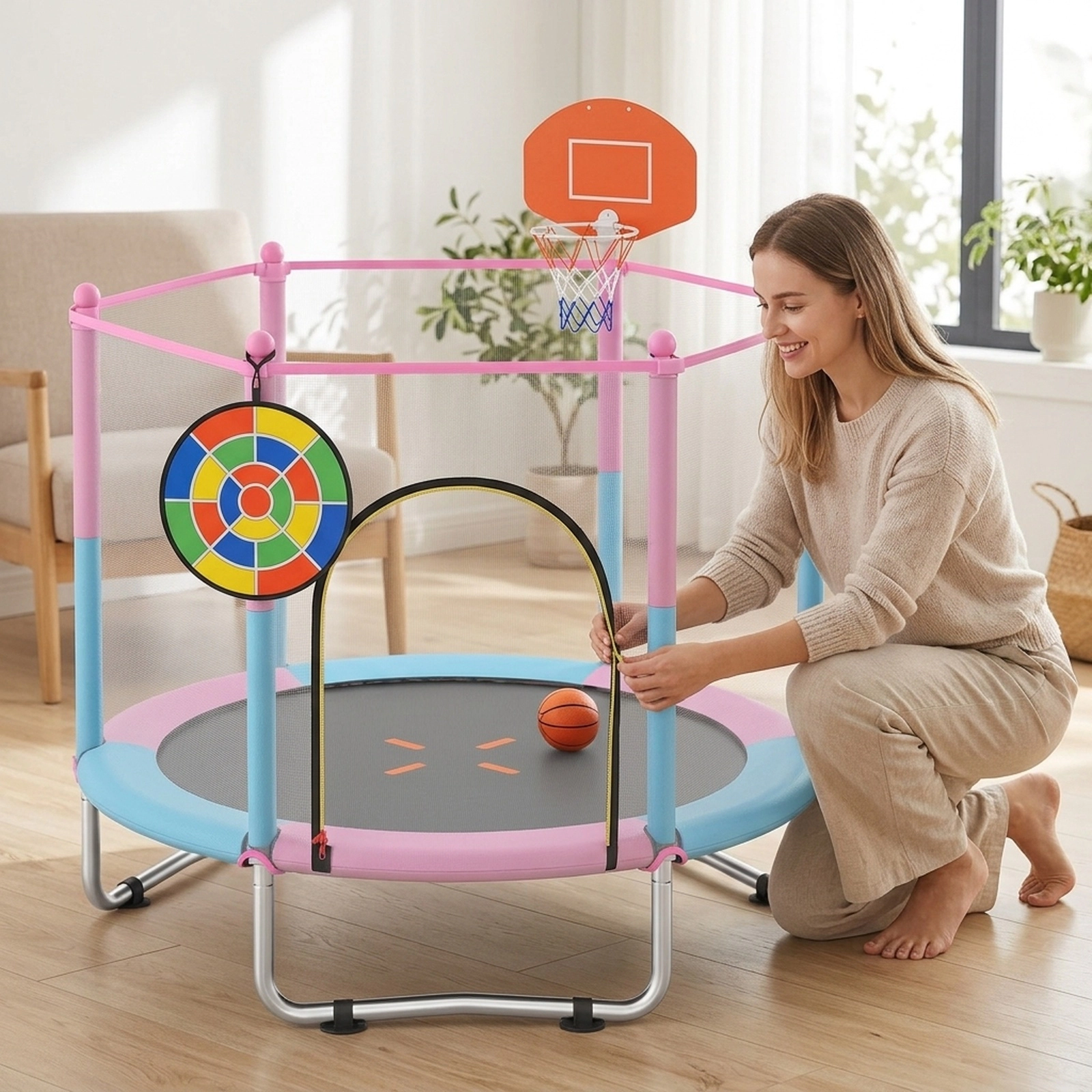 60-in Kids Trampoline Net Basketball Hoop 3-in-1 Dart Board 330-lb Capacity 30 Springs Macaron Recreational Ages 3-6