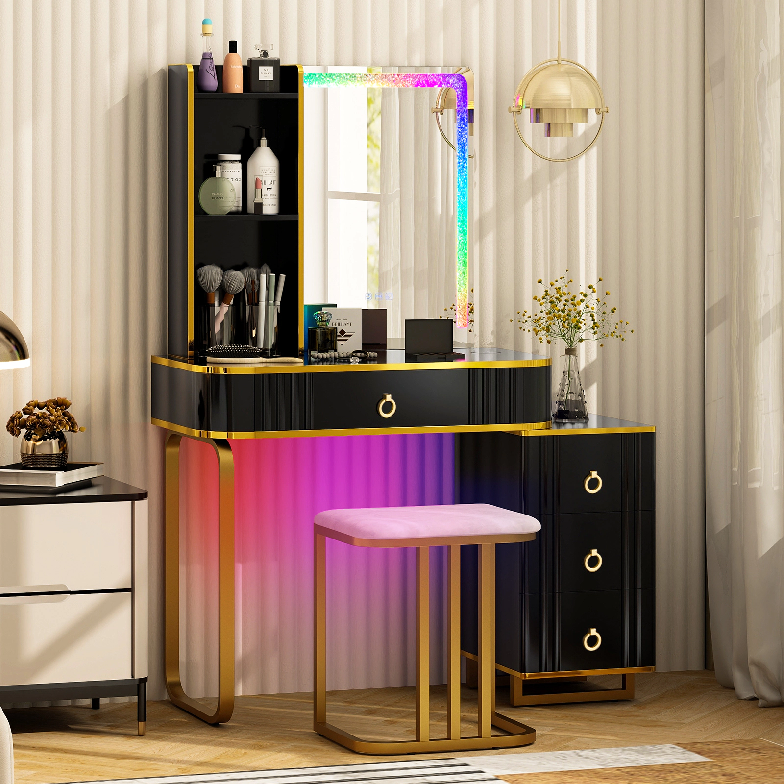 SUGIFT 2-Piece Black 54-Inch Vanity Desk Set with RGB Mirror Lights, Wireless Charging and Cushioned Stool